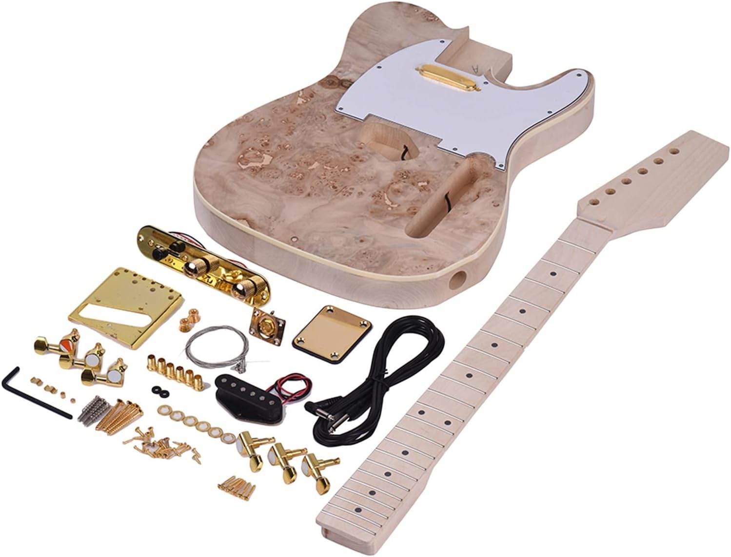 FLFL Unfinished DIY Electric Guitar Kit 6 String Basswood Body Burl Surface Guitar Gift Unfinished Guitar Kit