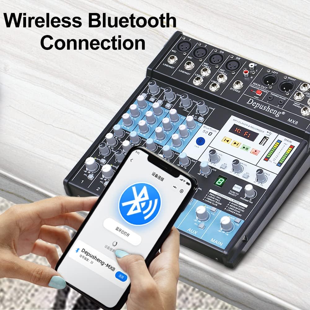 Professional Audio Mixer Sound Board Console 8-Channel DJ Controller Sound Mixer w/ 8-DSP EFFECT, USB Recording Interface, Bluetooth, 48V Phantom Power, Ideal For Live Streaming Depusheng MX8