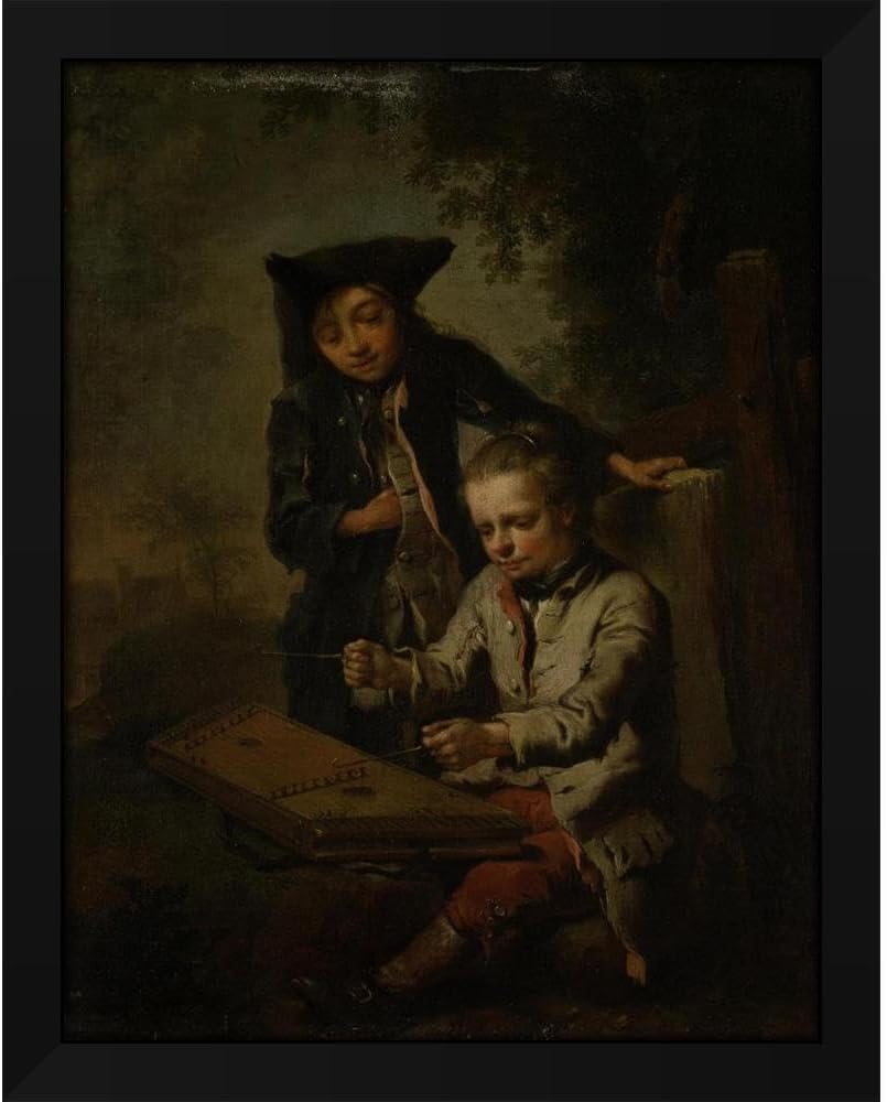 Johann Conrad Seekatz 28x35 Extra Large Black Modern Framed Art Print Titled: Two Boys, One of Them Playing the Dulcimer (Ca 1758)