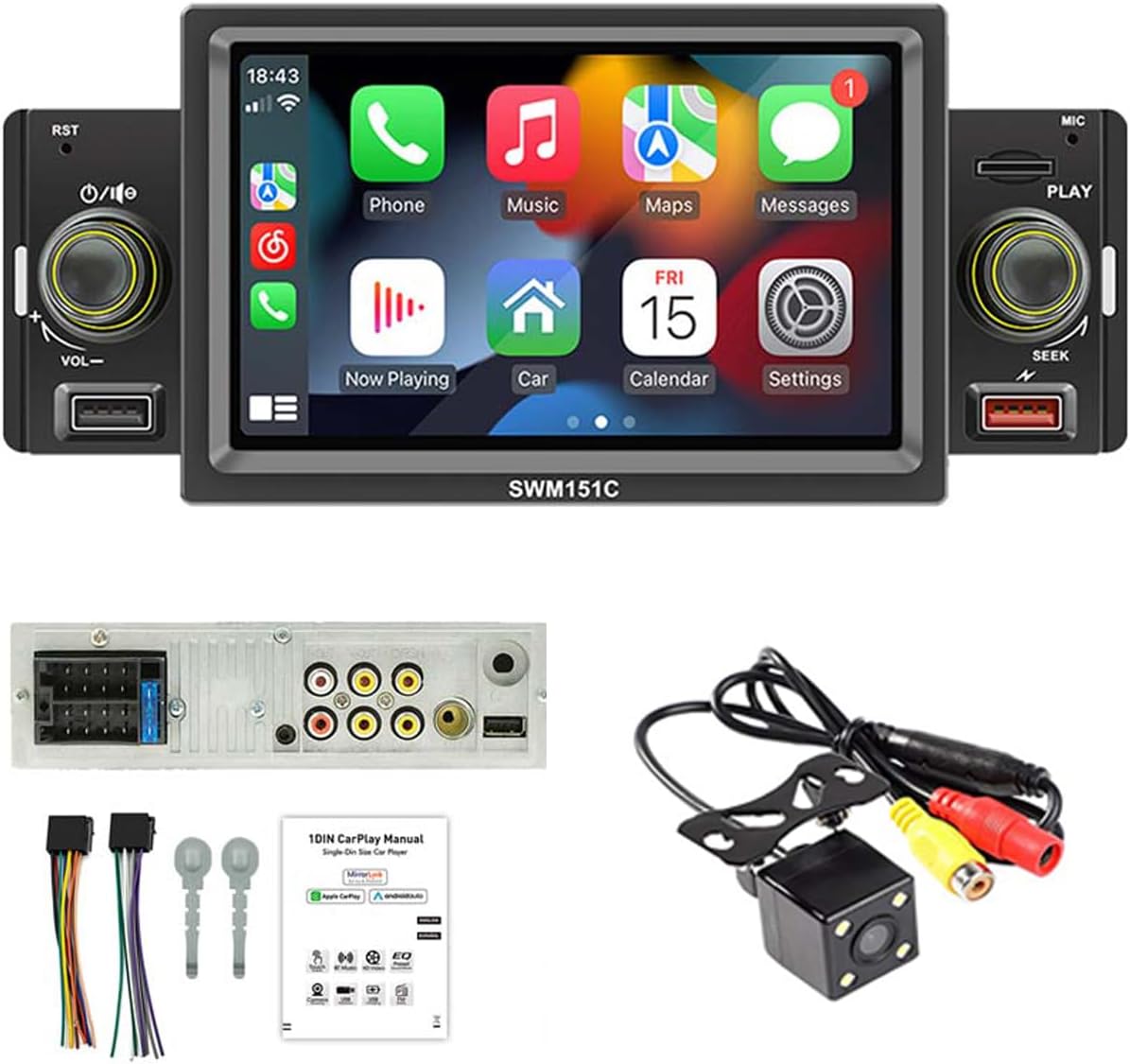 Car Radio Stereo 5 Inch Single Spindle Bluetooth Hands-Free Calling MP5 Player Interconnection Carplay Android auto Touchscreen Mirror Link FM/2USB/SD with 4LED Rear View Camera