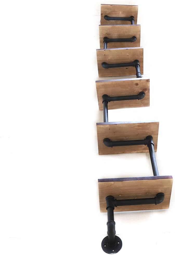 Wall Shelves Bookcase, Industrial Bookshelf 6-Tier Ladder Shelf, Vintage Metal Pipes and Wood Shelves, Rustic Display Bookshelf for Bedroom Laundry Room Bathroom Living Room Decor