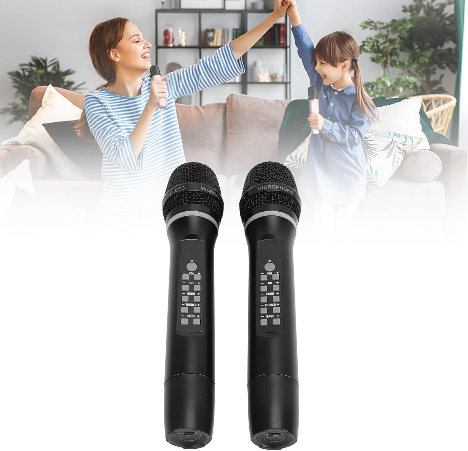 Yunir 2PCS Microphone, Bluetooth Dual Handheld Dynamic Mic System with Rechargeable Receiver, for Karaoke Speech Church Party Mixer