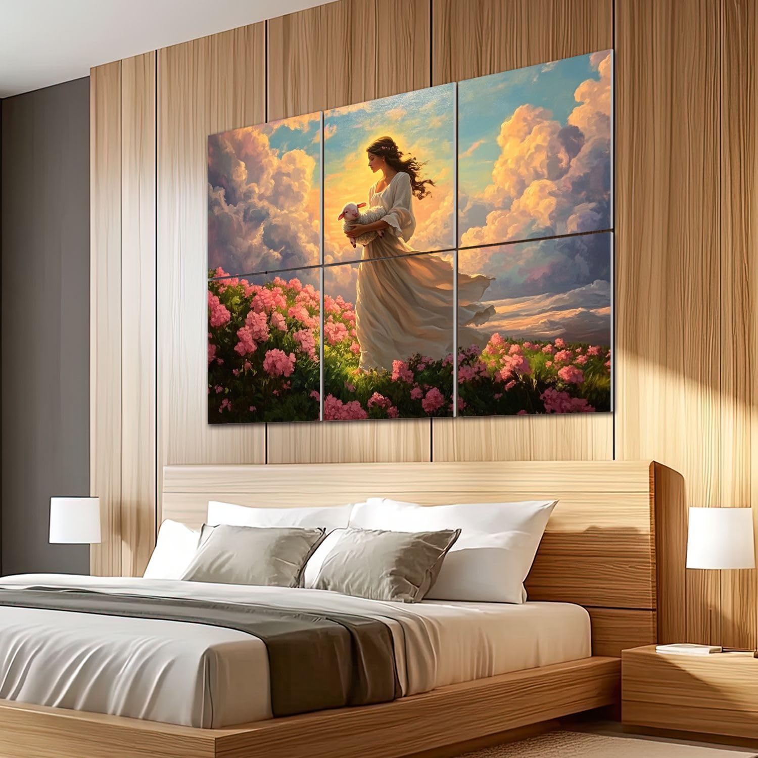 6 Pack Art Acoustic Panels Sound Absorbing Lamb Pink Flower Field Modern Theme Christian Christ Spiritual Flowers Decorative Soundproof Wall Panels Self Adhesive for Recording Studios Office 72