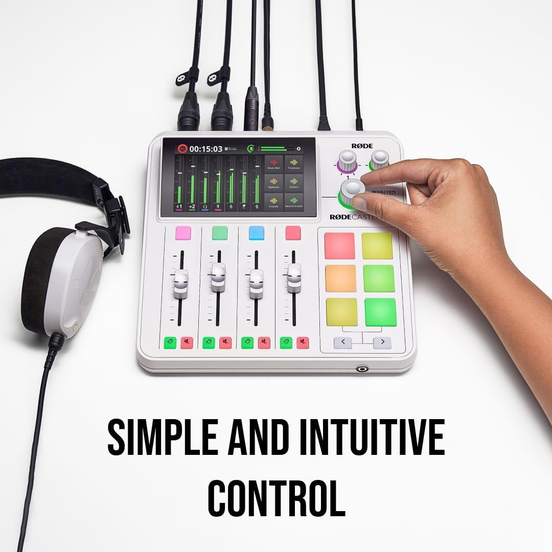 Rode RODECaster Duo with White-out Rode Podmic Dynamic Podcast Microphone, DS2 Desktop Mic Stand, NTH-100 Studio Headphones, RODECaster Duo Cover, SD Card and XLR Cable