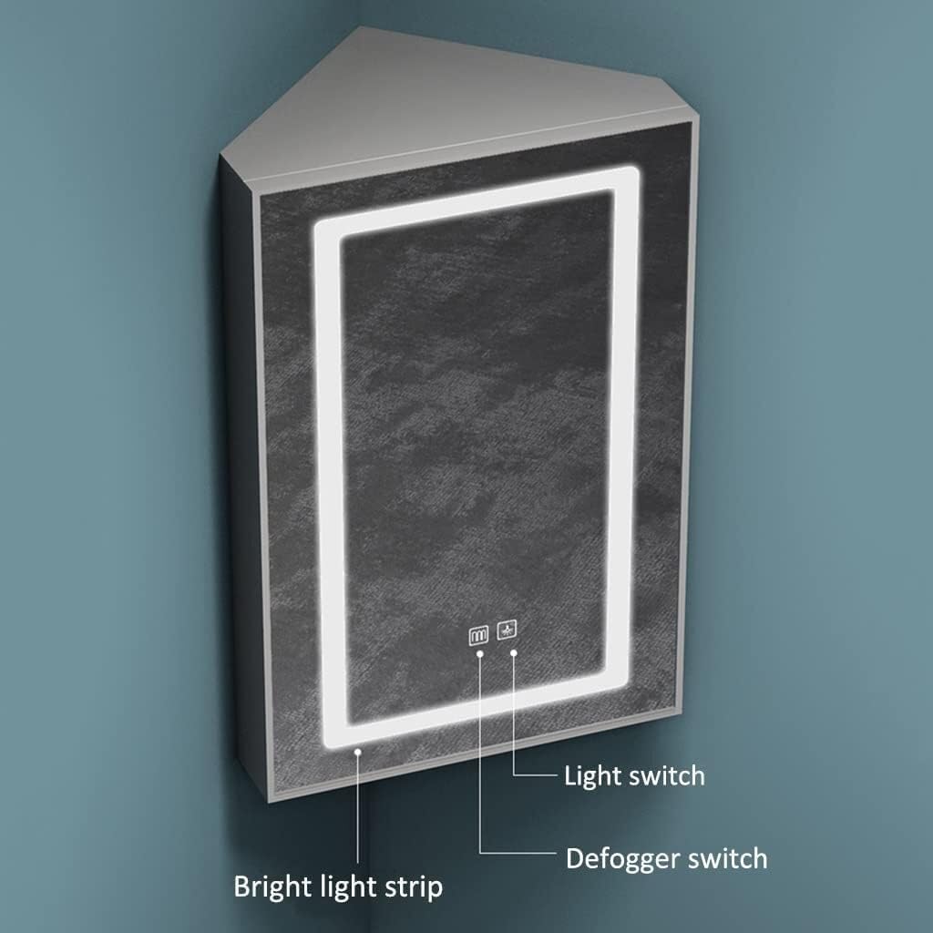 Corner Medicine Cabinet with LED Light, Wall-Mount Aluminum Bathroom Mirror Storage