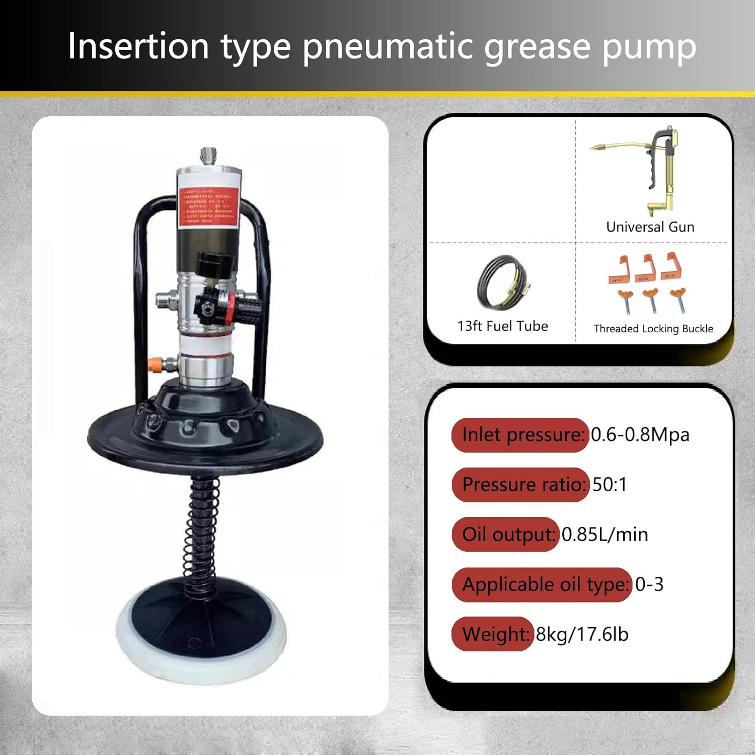 0.85L/min Discharge,Pneumatic Grease Pump with 13ft Explosion-Proof tubing,Grease Pump for 5 Gallon Drums,Drop-in Grease Pump,Ultra-high-Pressure 50:1 Grease Pump,for Machinery,Machine Tools