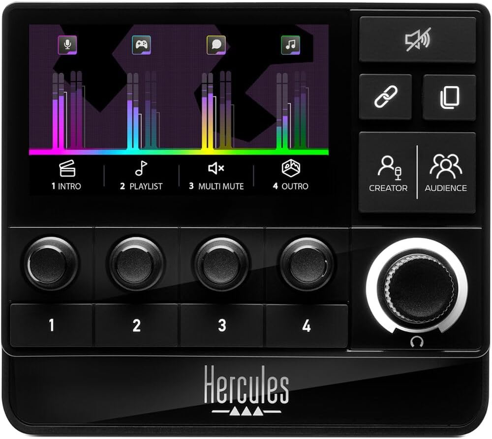 Hercules Stream 200 XLR Pro Audio Mixer for Advanced Content Creators with XLR Mic Pre-Amp, LCD Screen, High Resolution Encoders, 4 Actions Buttons and Customizable Interface Bundle With Cleaning Kit