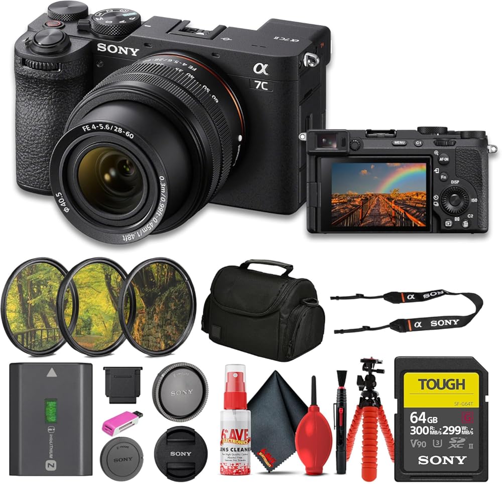 Sony a7C II Mirrorless Camera with 28-60mm Lens (ILCE-7CM2L/B) + 64GB SF-G Tough Card + Filter Kit + Bag + Card Reader + Flex Tripod + Cleaning Kit (Renewed)