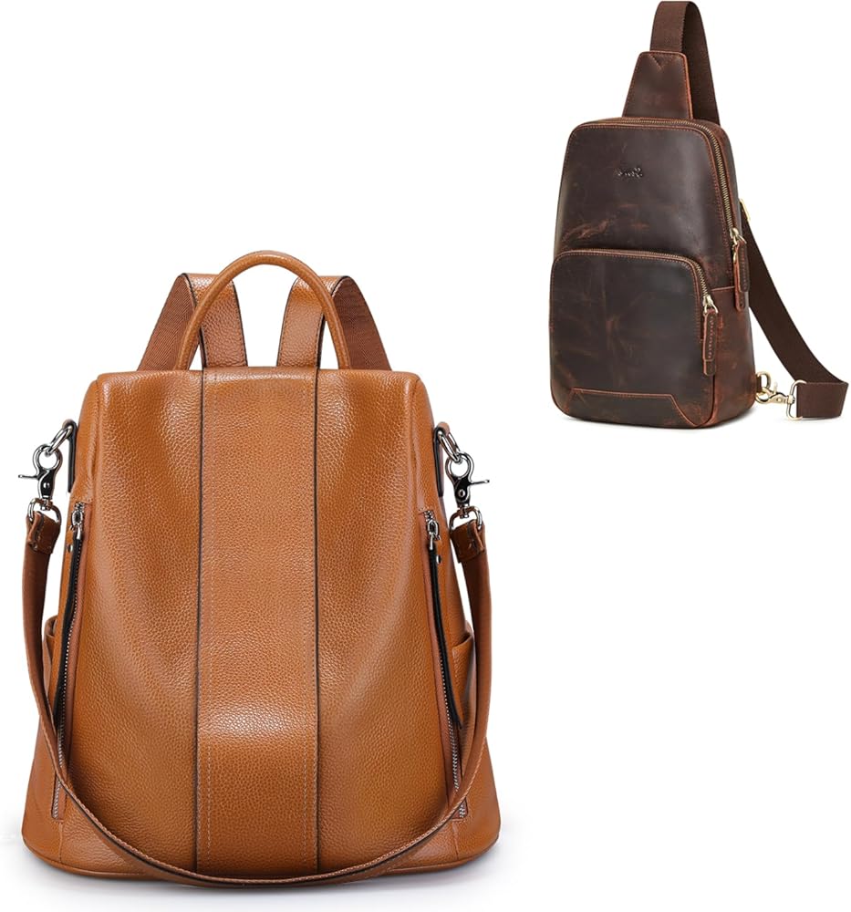 S-ZONE Genuine Leather Backpack Purse with Sling Bag for Men Women Crossbody Shoulder Bag Backpack Purse Hiking Daypack Travel