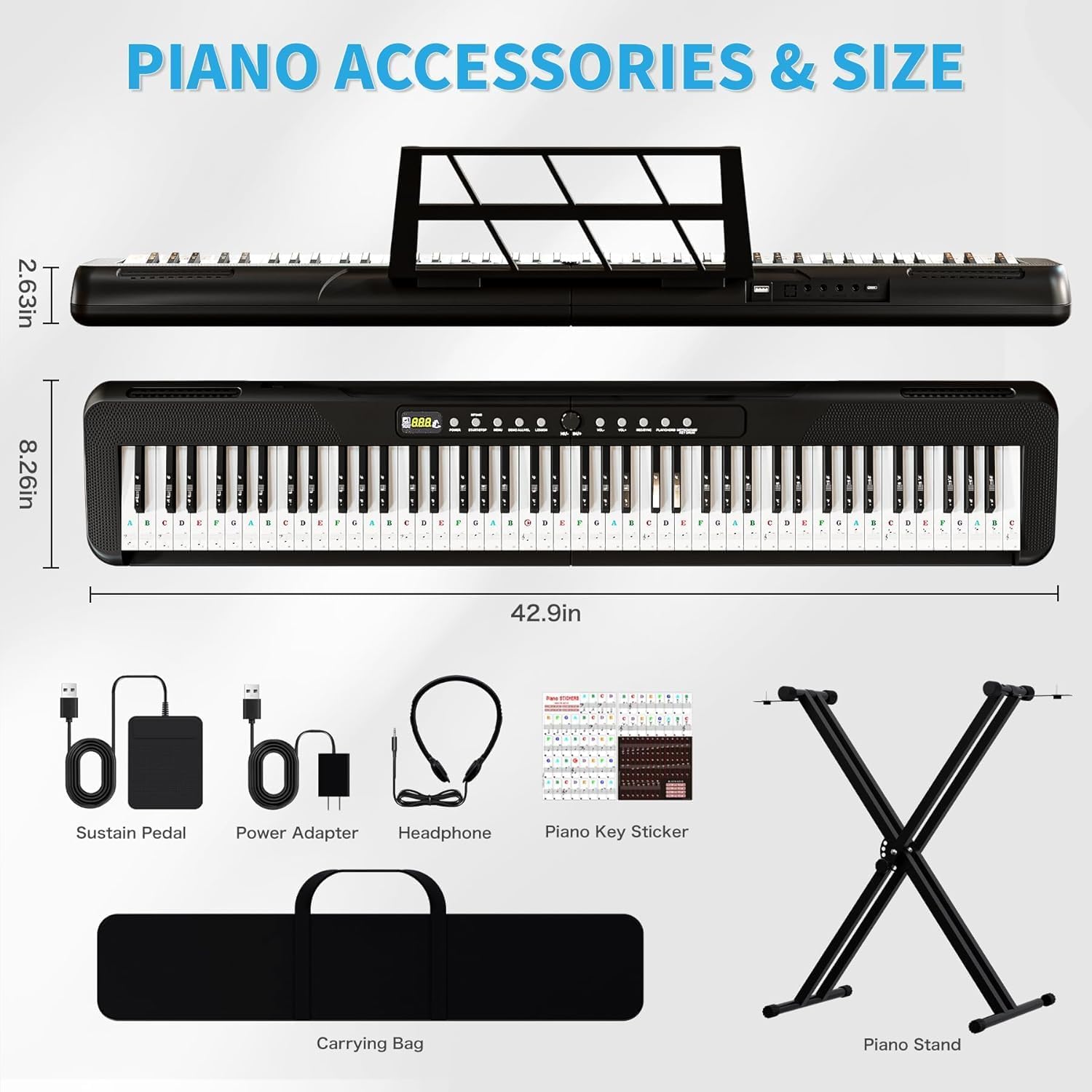 88 Key Digital Piano Keyboard with Semi Weighted Keys, Electronic Piano for Beginners Adults, Music Stand, Power Supply, Sustain Pedal, Stickers, MIDI Bluetooth and Piano Lessons, Black