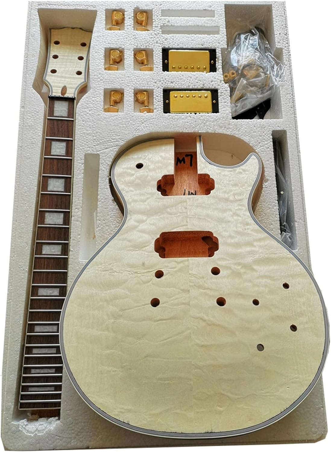 DIY Electric Guitar Kit Unfinished DIY Guitar Kit Mahogany Okoume Body Neck Flame Maple Veneer Complete Electric Guitar Assembly (Color : 02)