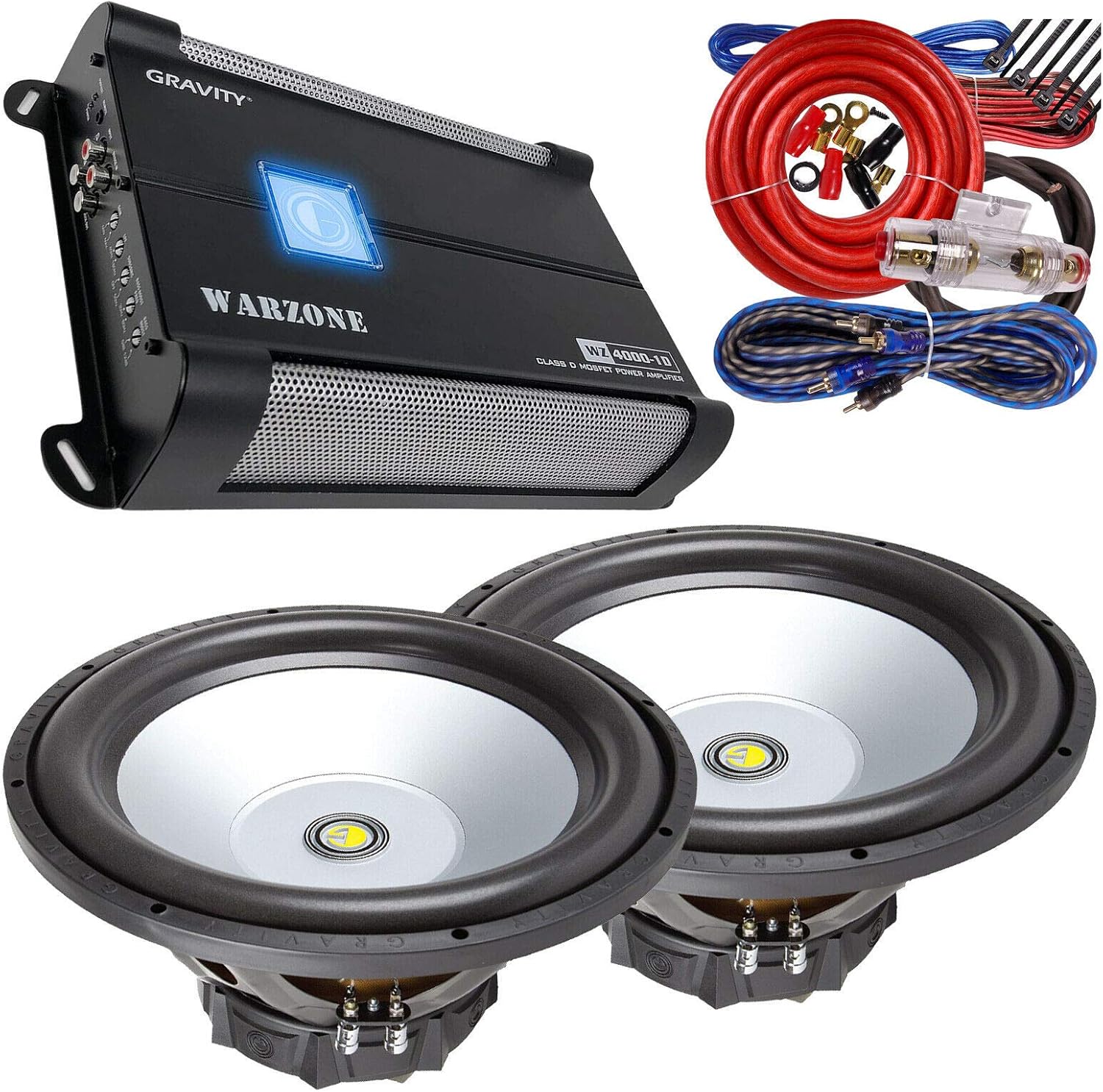 Gravity WZ4000.1D Warzone 4000W Class D Amplifier with Remote Control + 2X GR-15PW 15 Inch 3200 Watt Car Audio Subwoofer + 4 Gauge 2300W Car Amplifier Installation Kit