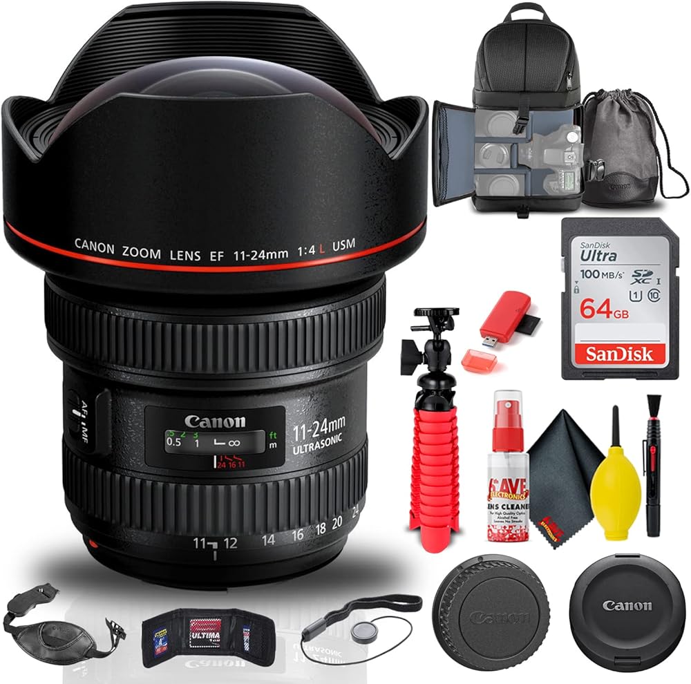 Canon EF 11-24mm f/4L USM Lens (9520B002) + Backpack + 64GB Card + Card Reader + Flex Tripod + Memory Wallet + Cap Keeper + Cleaning Kit + Hand Strap + More (Renewed)
