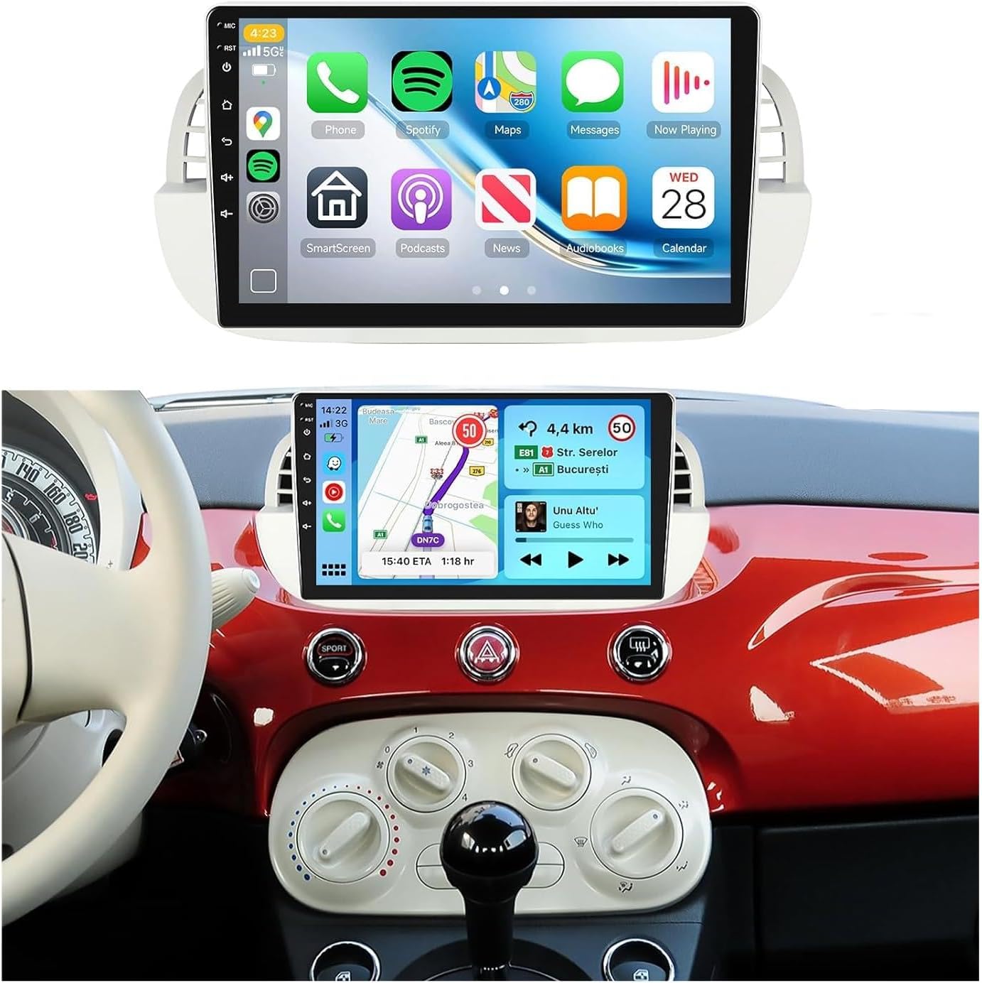 Android 15 Radio for Fiat 500 2007-2015 Car Stereo with Wireless Carplay Android Auto 5.0 Bluetooth DSP 32EQ 9inch 1280x720P IPS Touch Screen FM/RDS GPS WiFi HD Backup Camera,White