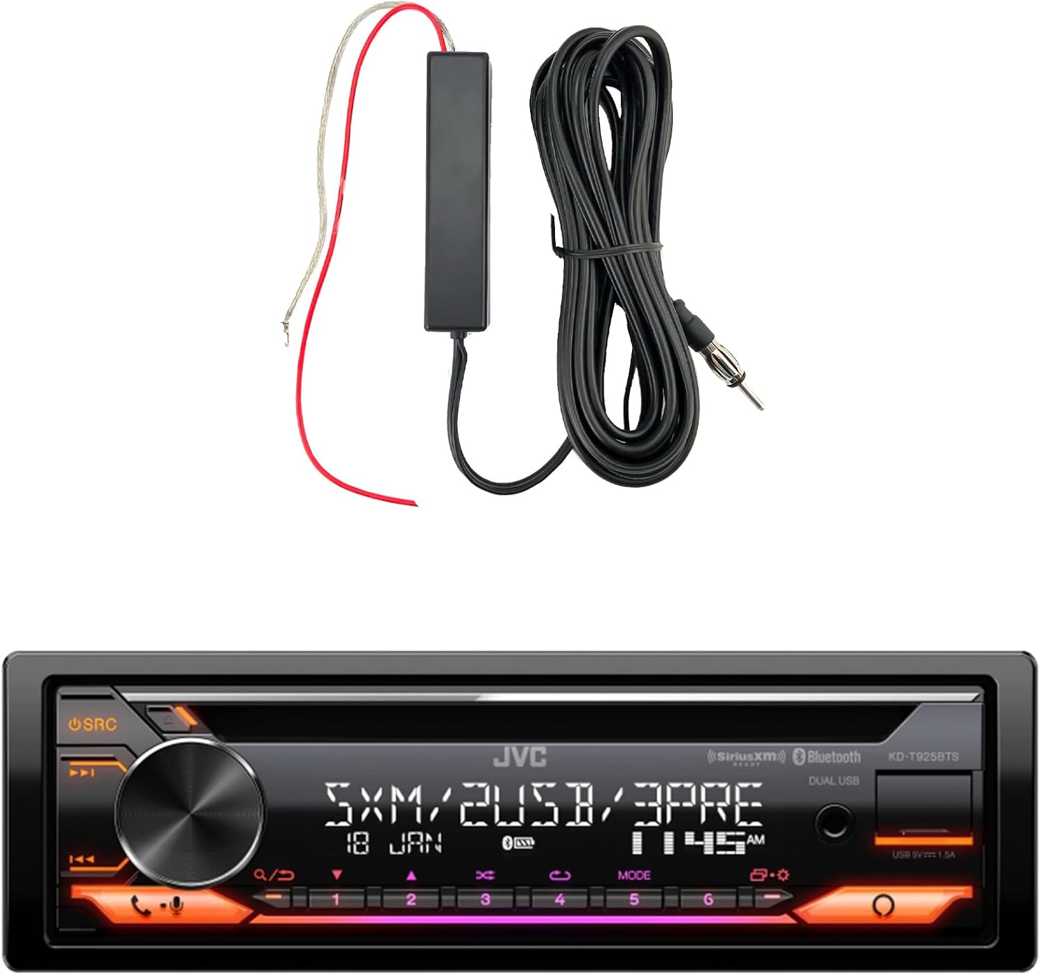 JVC KD-T925BTS Single DIN Bluetooth USB/AUX LED/CD Player AM/FM Radio SiriusXM Ready Stereo Amazon Alexa Receiver, 12V Stereo Radio Antenna Black Signal Reception Amplifier Booster Kit