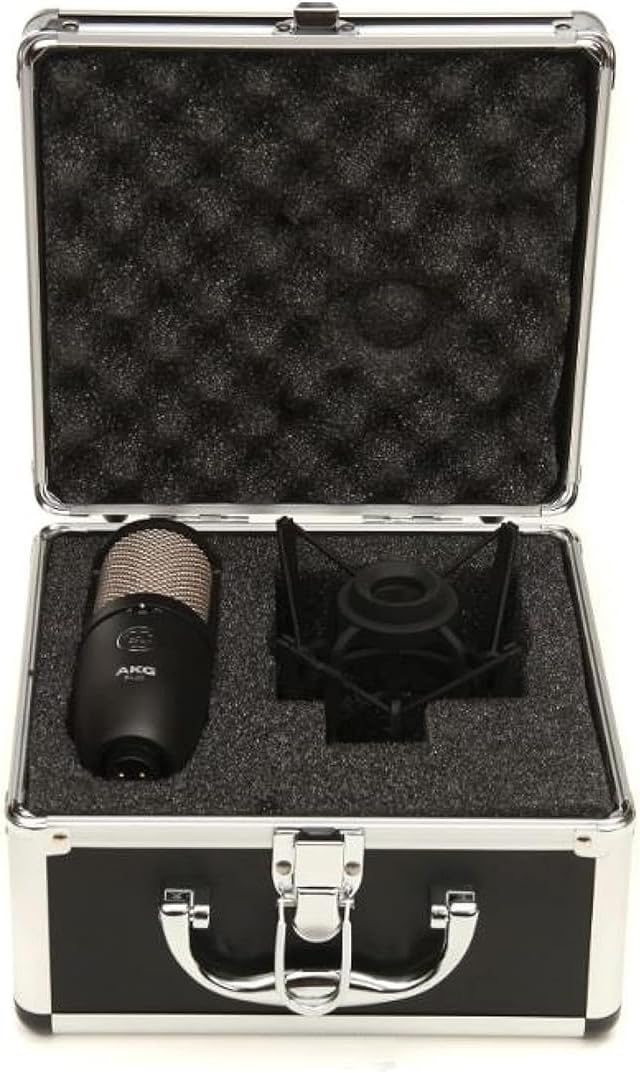 AKG Pro Audio P420 Multi-Pattern Condenser Microphone with Shock Mount and Case. Great for ensemble recording, grand piano, woodwind, brass instruments, drums and percussion. Black and Gold.
