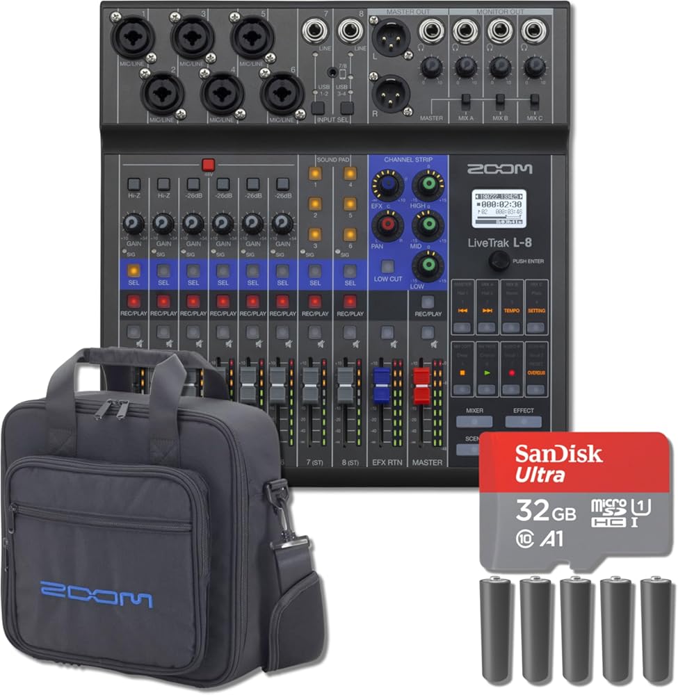 Zoom LiveTrak L-8 8-Channel Digital Mixer and Recorder with Carrying Bag, 5x AA Batteries and 32GB microSD Card with Adapter