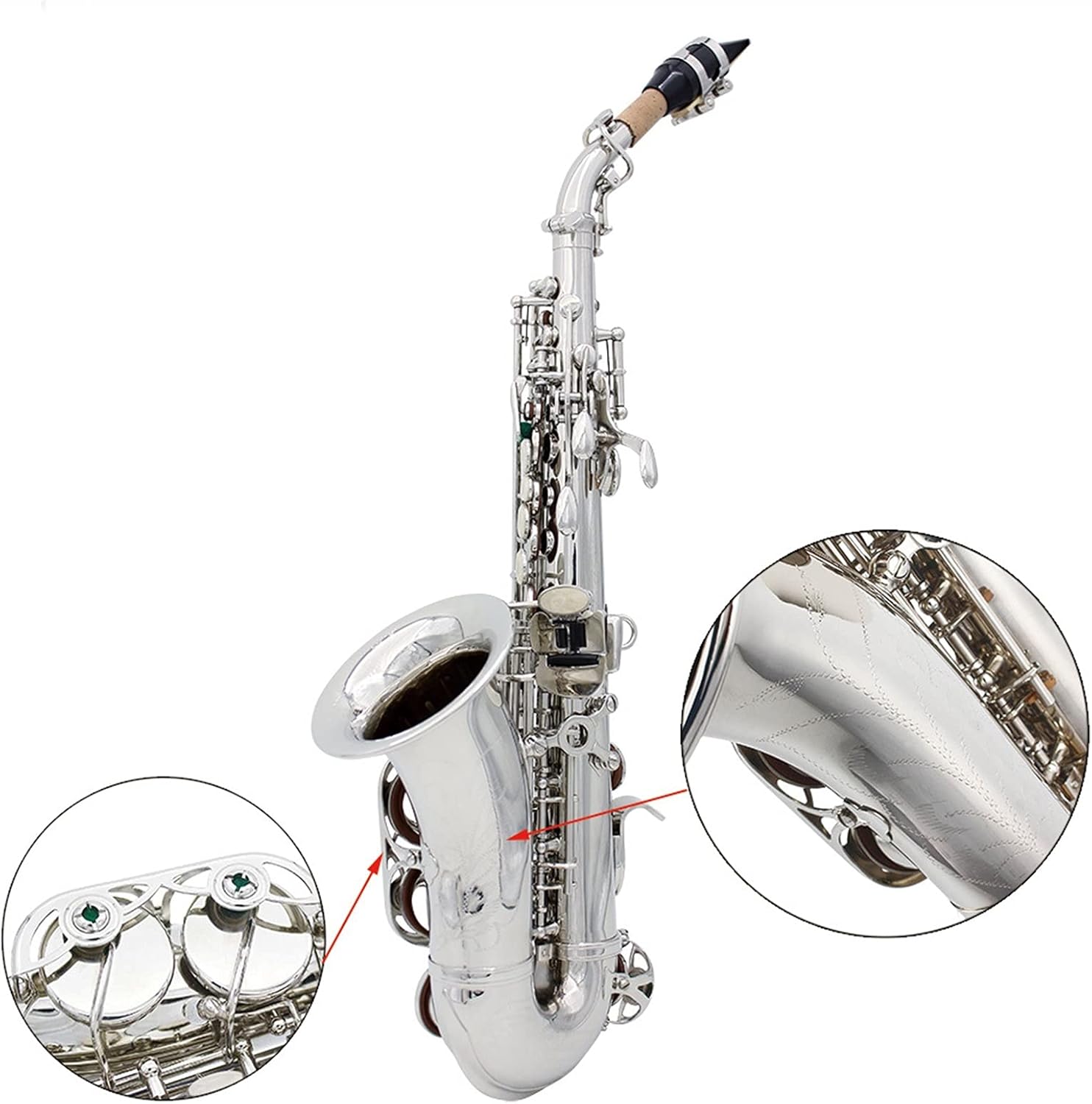 Saxophone Straight Soprano Saxophone B Flat Treble Small Elbow Key Type Woodwind Instrument (Color : Silver)