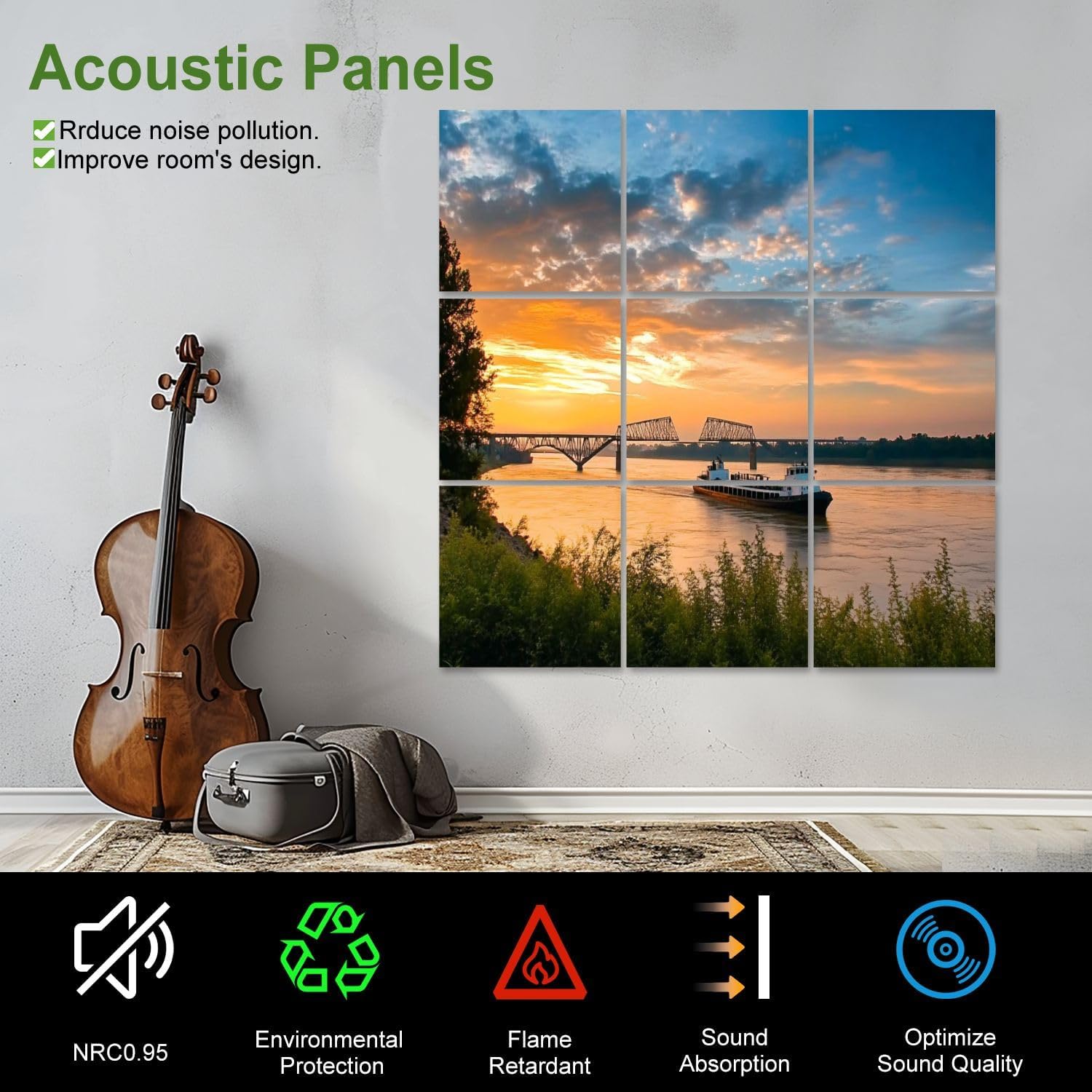 Art Acoustic Panels Self Adhesive Boat Mississippi River Vicksburg Bridge Vicksburg 9 Packs Decorative Soundproof Wall Panels Large Sound Absorbing Panels for Home Office 60