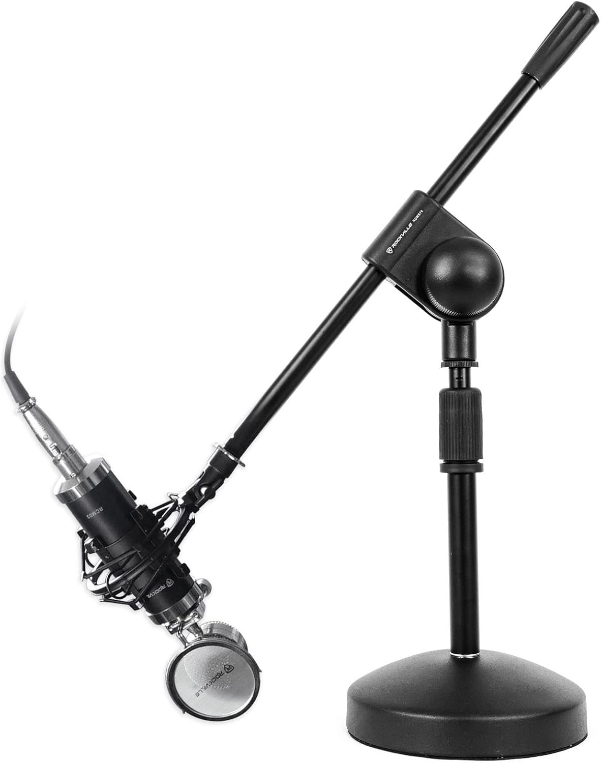 Rockville RCM03 Pro Bundle: Studio Recording Condenser Microphone with Metal Shock Mount, RDMS70 Desktop Mic Stand w/Steel Round Base and Adjustable Height for Podcast, Voiceover, Streaming, 2-Items