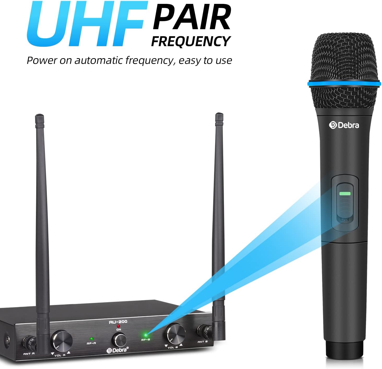 D Debra Audio AU200 Pro UHF 2 Channel Wireless Microphone System with Cordless Handheld Lavalier Headset Mics, Metal Receiver, for Karaoke Church Party (2 Handheld)