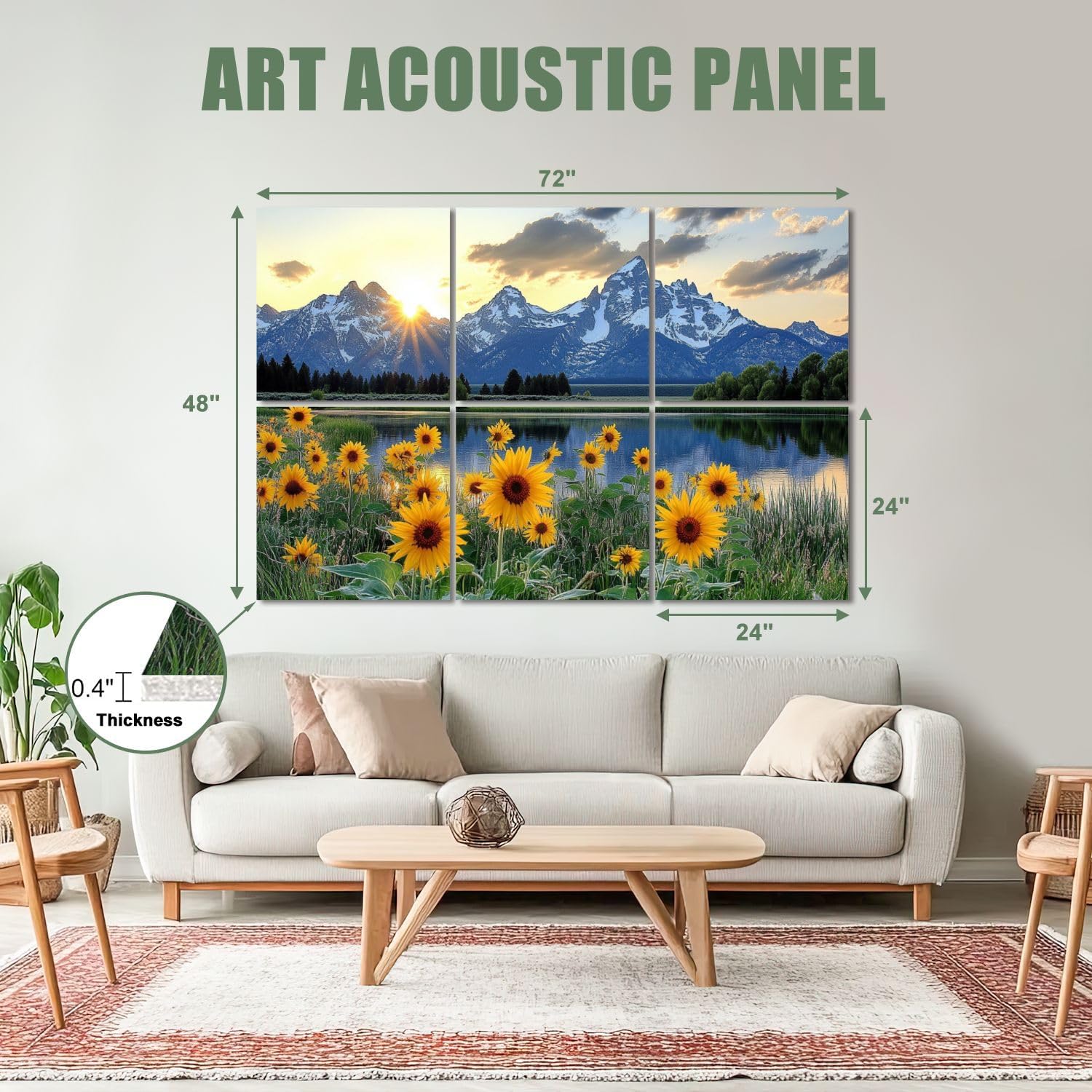 6 Pack Art Acoustic Panels Sound Absorbing Mountain Landscape Sunrise Nature Sunflower Scenery National Park Lake Decorative Soundproof Wall Panels Self Adhesive for Recording Studios Office 72