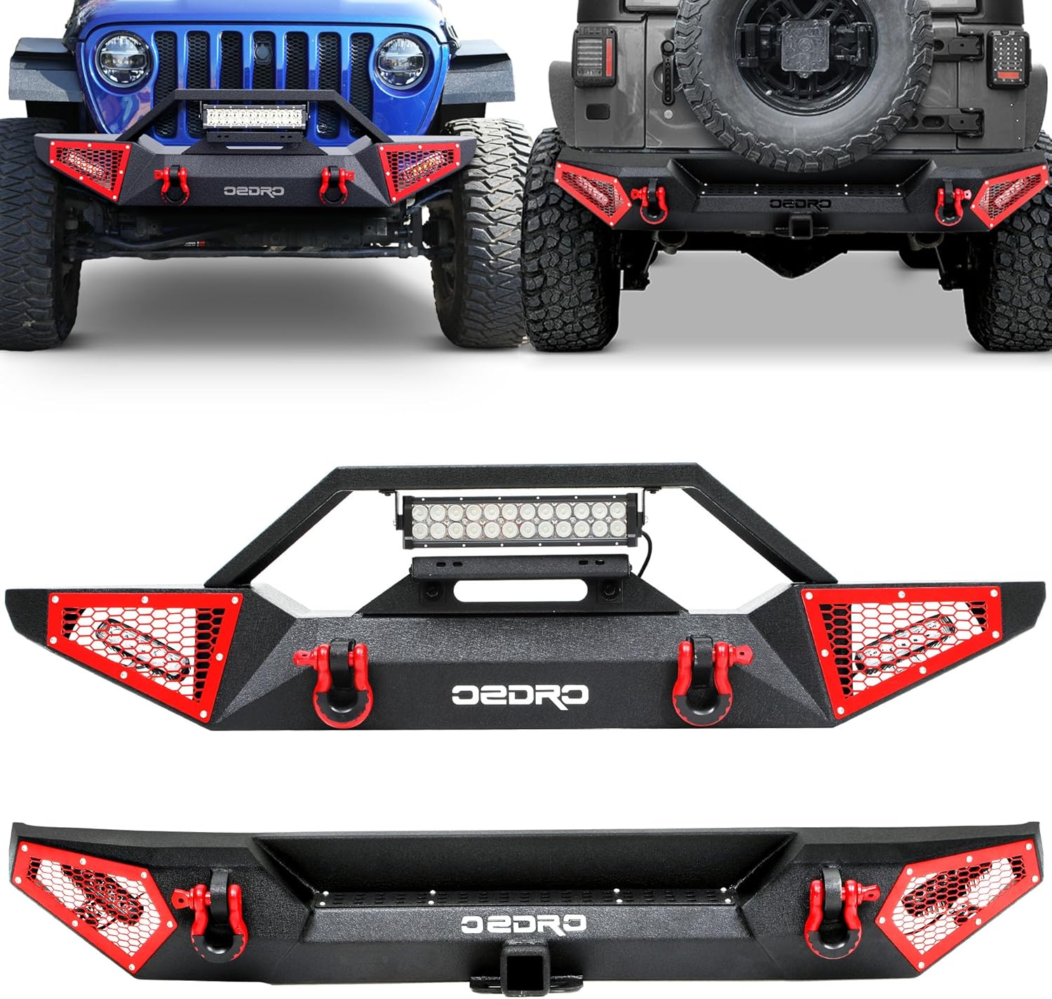 OEDRO Front and Rear Bumpers Compatible with 2018-2026 Wrangler JL/JLU Unlimited 2/4 Doors, Includes Winch Plate, Paintable Armors, LED Lights & D-Rings, Black
