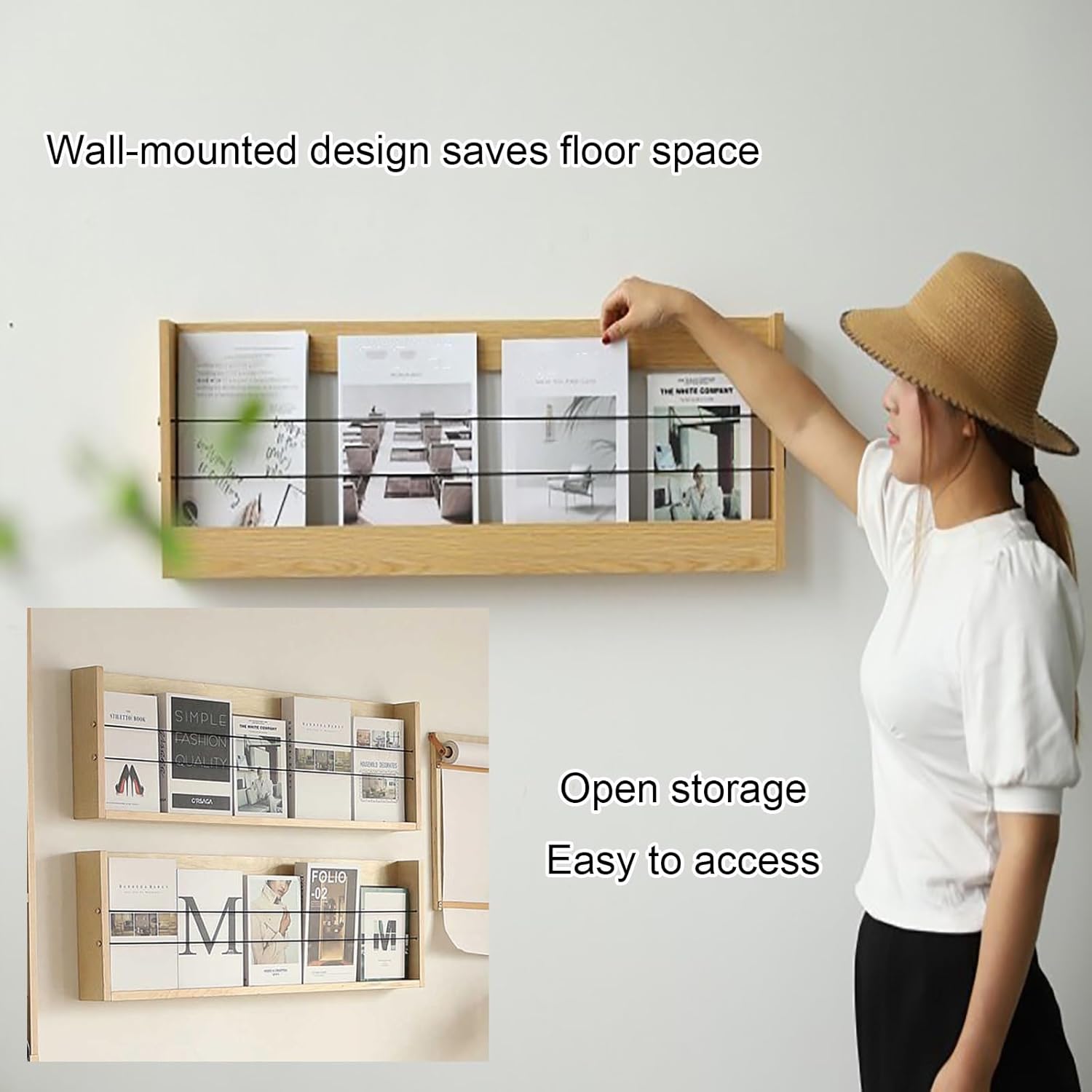 Floating Bookshelf, Wall Mounted Magazine Holder, Hanging Display Rack Space Saving, Wall Book Shelves, Display Storage Organizer for Home Office(Beige,63cm/24.8in)