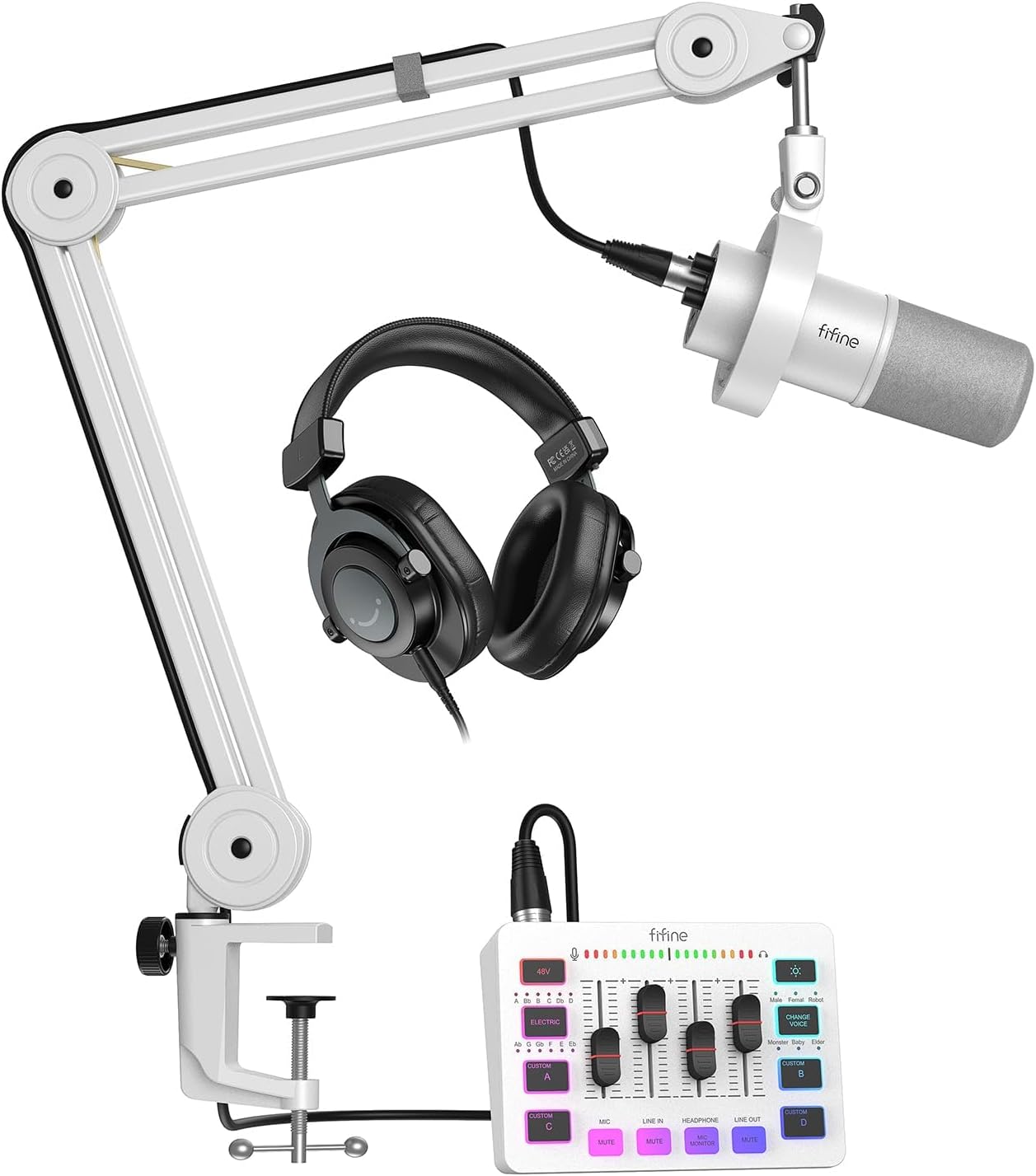 FIFINE Recording Podcast Equipment Bundle with Dynamic Microphone, Gaming Mixer, XLR Cable, Boom Arm, Studio Headphones Kit for Music Creation, Vocal, Voice-Over, Video Conference