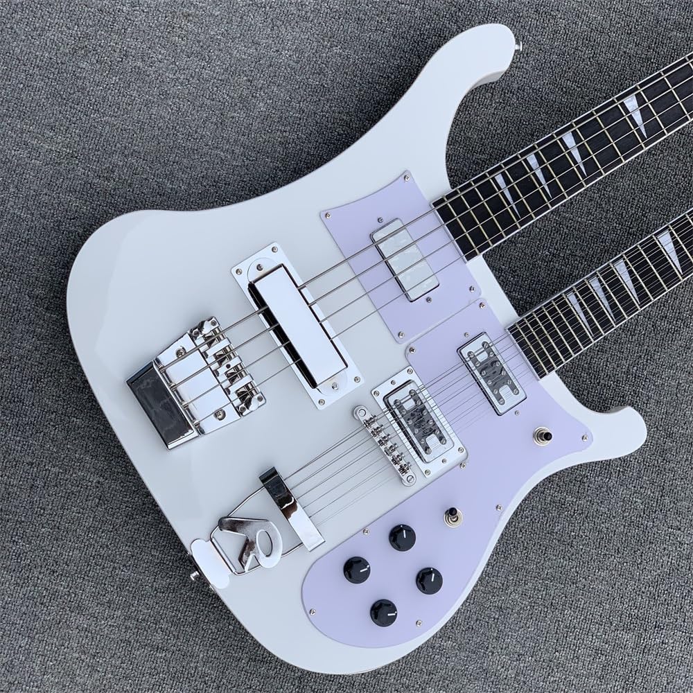 Custom Double Neck 12+4 Strings White body Electric Guitar and Bass with Chrome hardware,White Pickguard,Body binding