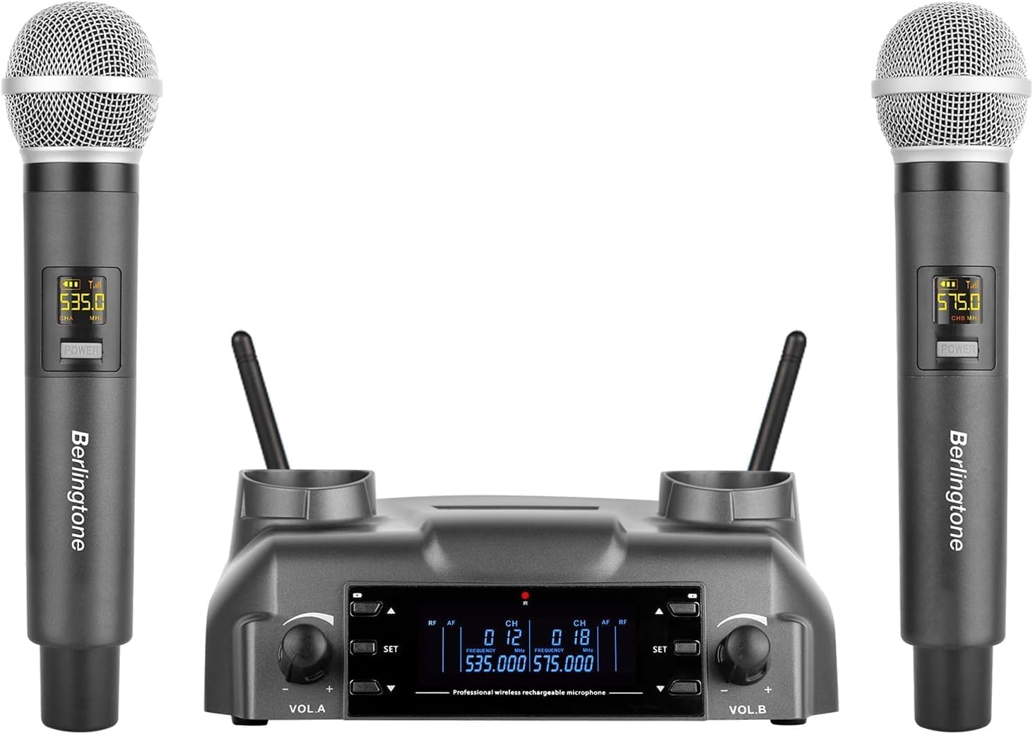 Berlingtone) Professional Dual Dynamic Handheld UHF Wireless Microphone System, Magnetic Wireless Charging, 200 Adjustable Frequency Channels for Karaoke, Meeting, Church, up 200ft Range, BR-60UM