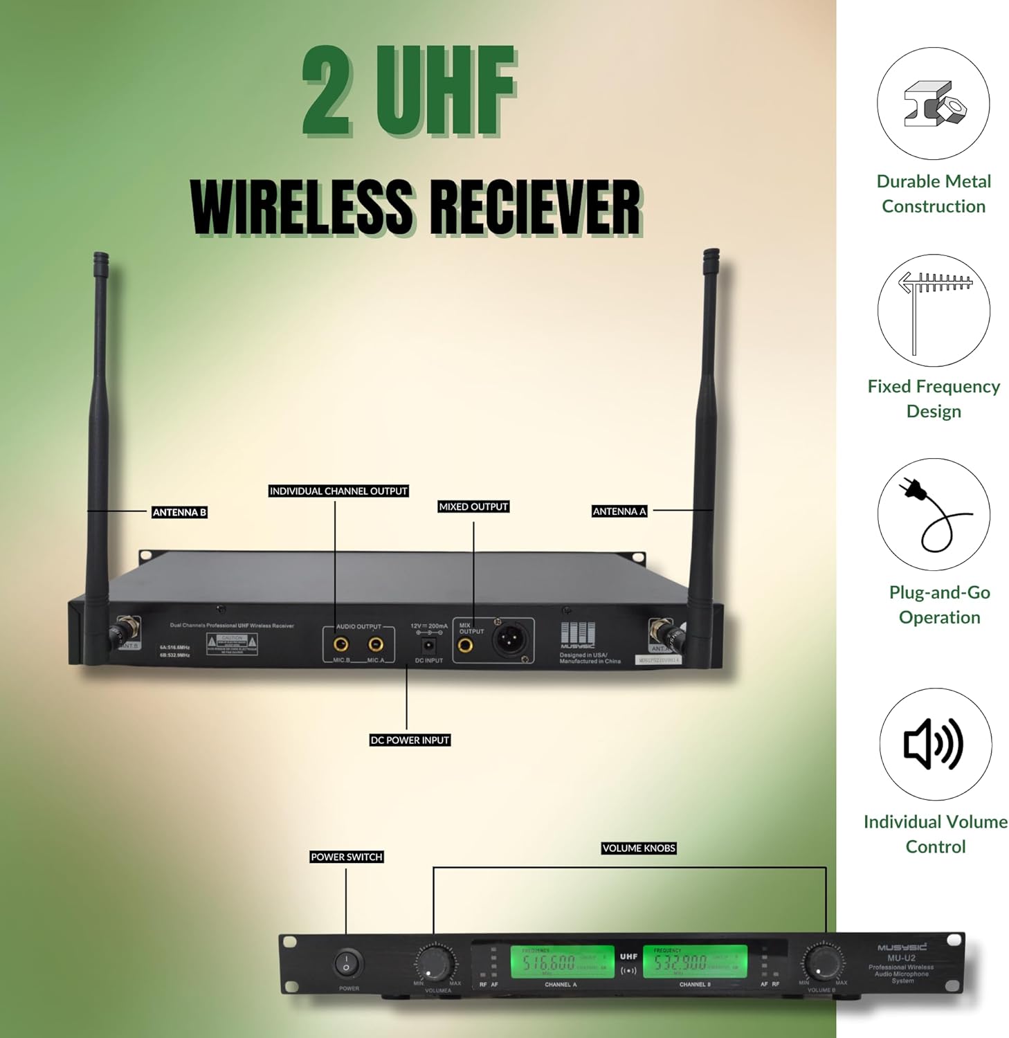 MUSYSIC 2-Channel Professional Wireless UHF Microphone System, 300ft Range Fixed Frequency Bodypack Headset/Lapel Microphones for Singing, Karaoke, Church, DJ