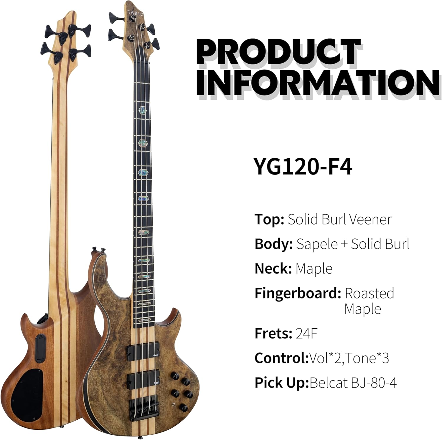 TARIO 4 String Electric Bass Guitar Burl poplar top Millettia Laurentii Okoume body Maple Fretboard