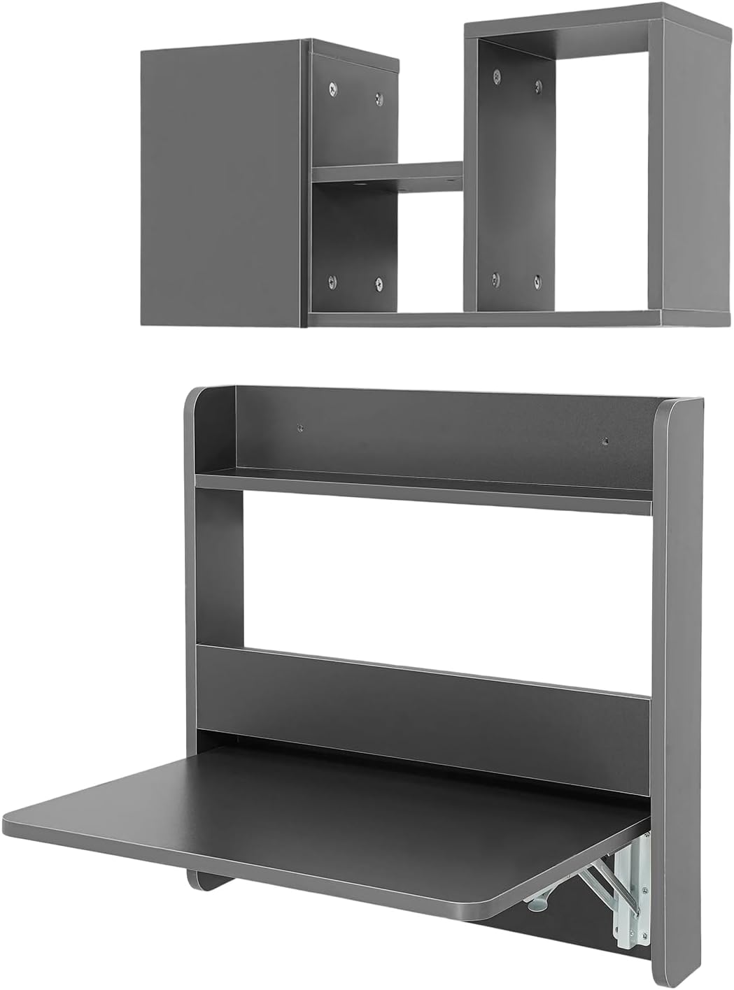 Wall Mounted Desk & Bookshelf, Folding Space Saving Wall Mounted Table with Storage Compart Space, Fold Down Laptop Desk for Home Office (Grey)