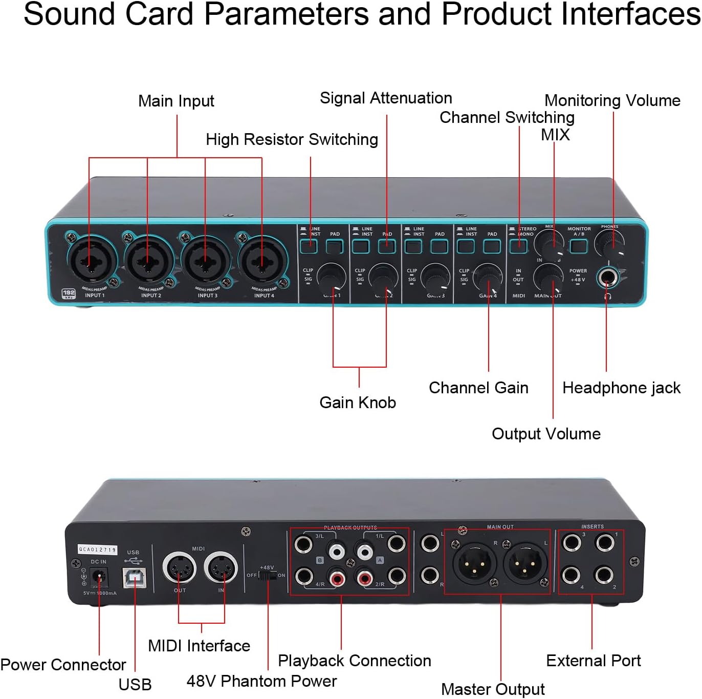 4 in 4 Out External Sound Card Professional Music Computer Recording Sound Interface High Fidelity for Musicians and Podcasters