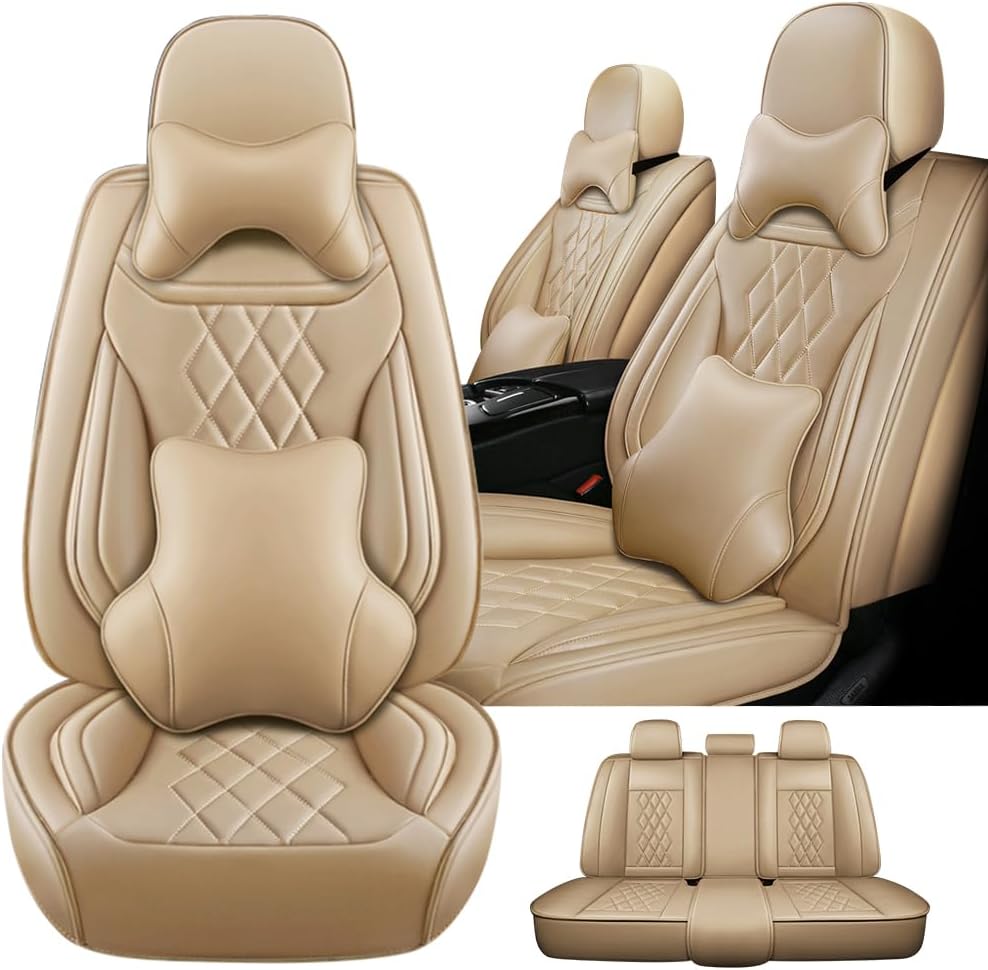 5 Seat Covers for Nissan Armada 2005-2024,Nappa Leather Car Seat Covers,Car Seat Cushions,Waterproof Soft Car Seat Covers,Airbag Compatible Interior Accessories(Deluxe,Beige)