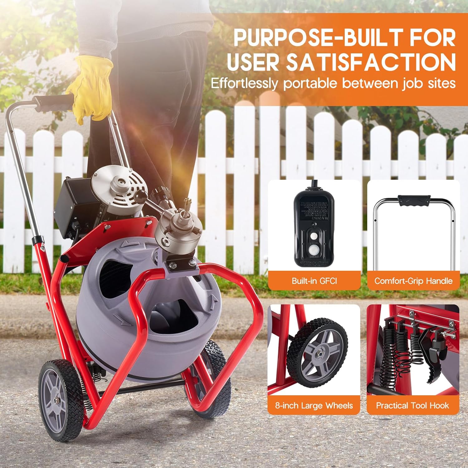 Albott 75 FT x 3/8 inch Electric Drain Cleaner Machine with Auto-Feed & 9 Cutters, Sewer Snake Auger for 1–4 Inch Pipes, Foot Switch & Wheels, Ideal for Home & Commercial Use, Grey/Red