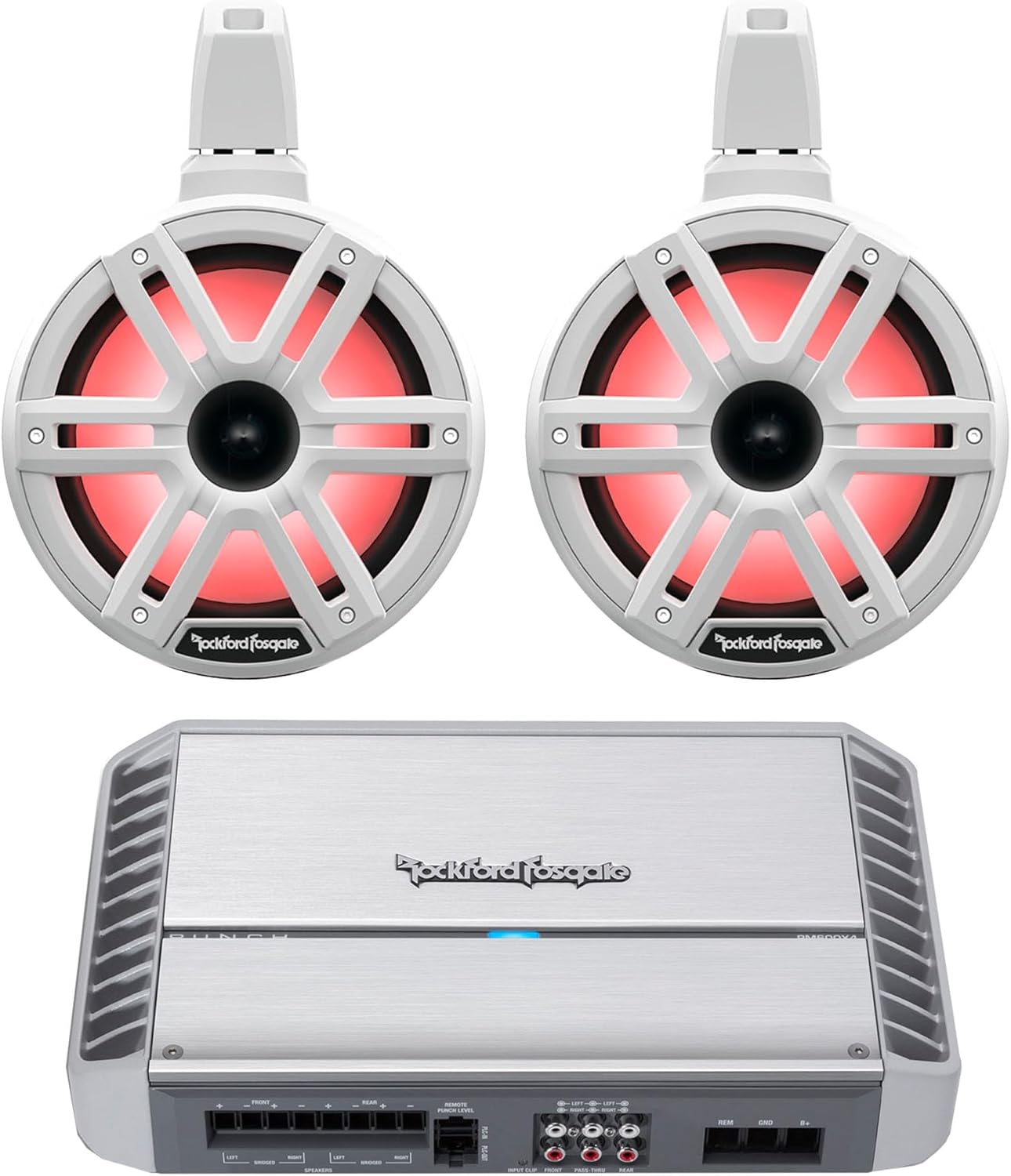 Rockford Fosgate 1 Pair M2WL-8H 8” White Color Optix Horn Wake Tower Speakers with PM600X4 4 Channel Marine Amplifier