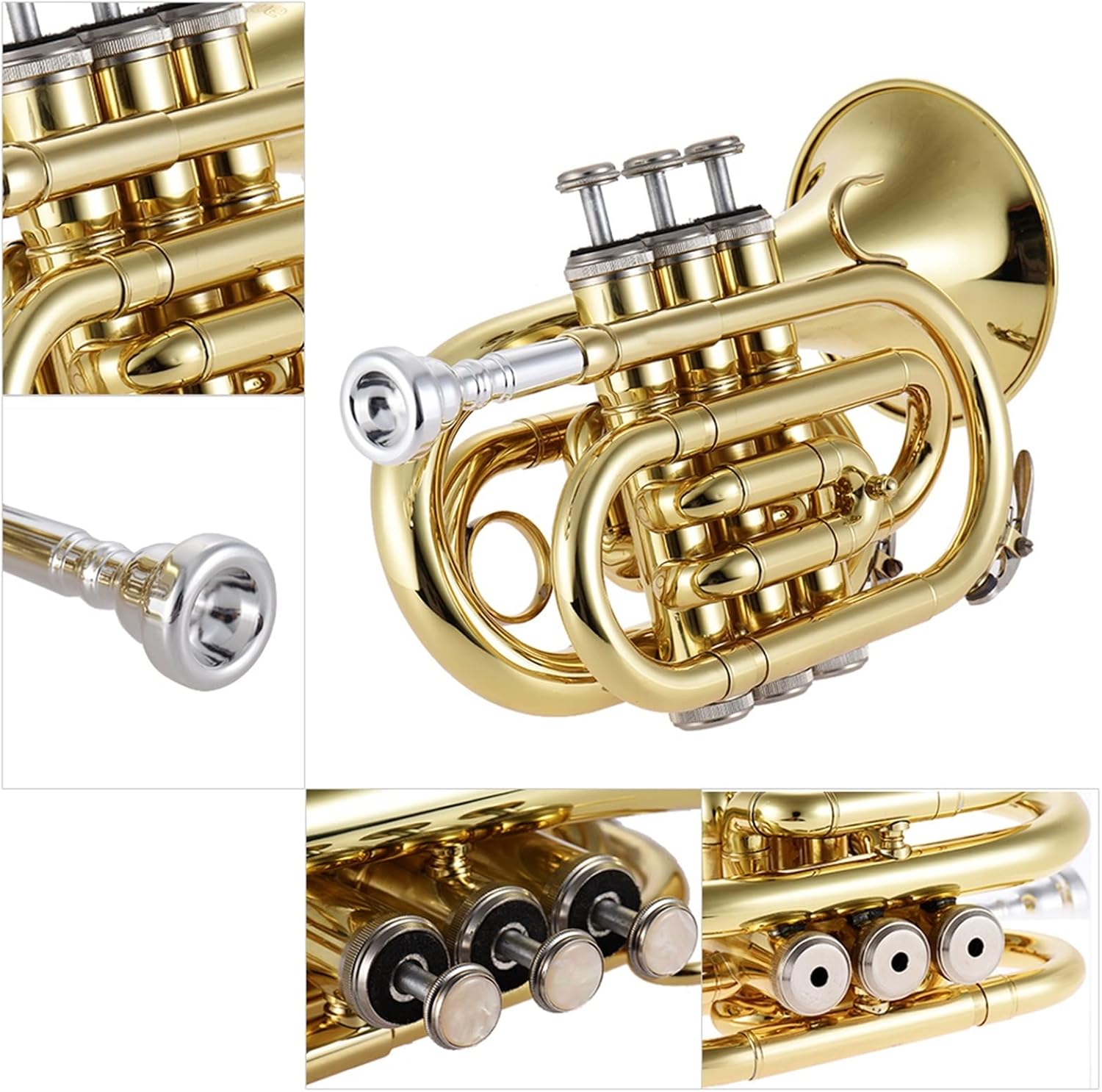 Standard Trumpet Set Mini Pocket Trumpet Bb Flat Brass Wind Instrument with Mouthpiece Gloves Cleaning Cloth Carrying Case Brush