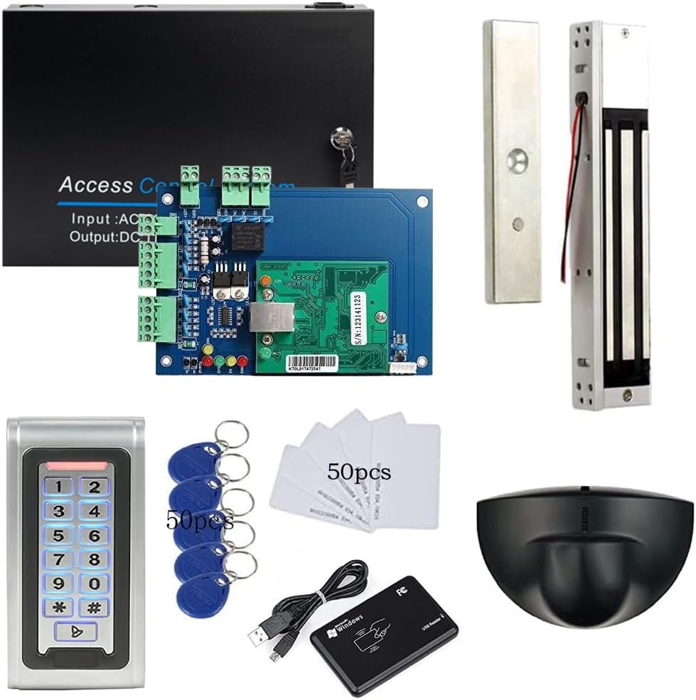 MENGQI-CONTROL Backup Battery Supported Access Control Solution for 1-Door Security locking system Overhead Rex Exit Sensor Metal Combo Reader/PIN Entry 600LBS Magnetic Lock Phone APP Remote Open Lock