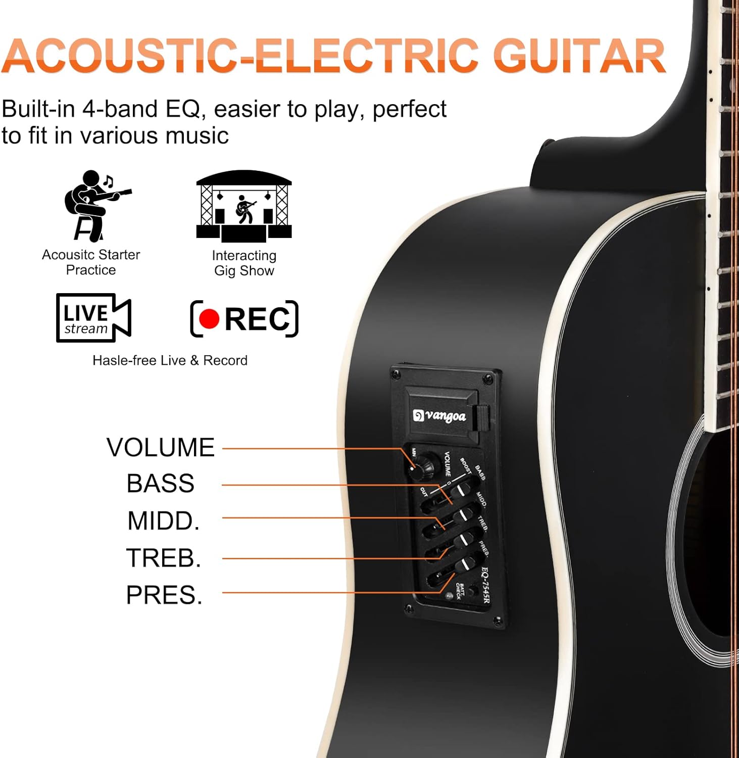 Vangoa 12 String Guitar, Twelve String Guitar Acoustic Electric Cutaway Guitarr Bundle, Black and Brown