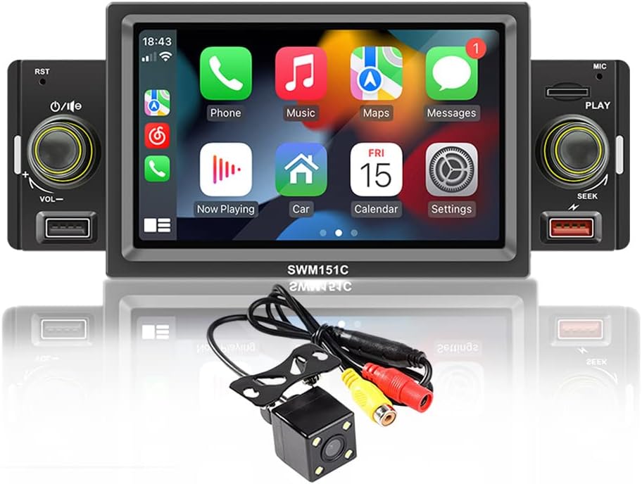 Eaglerich Car Radio 5-inch Touchscreen Carplay Android Auto Car Stereo MirrorLink 2USB FM TF BT Colorful Backlight Steering Wheel Control Car Autoaudio+4LED Camera