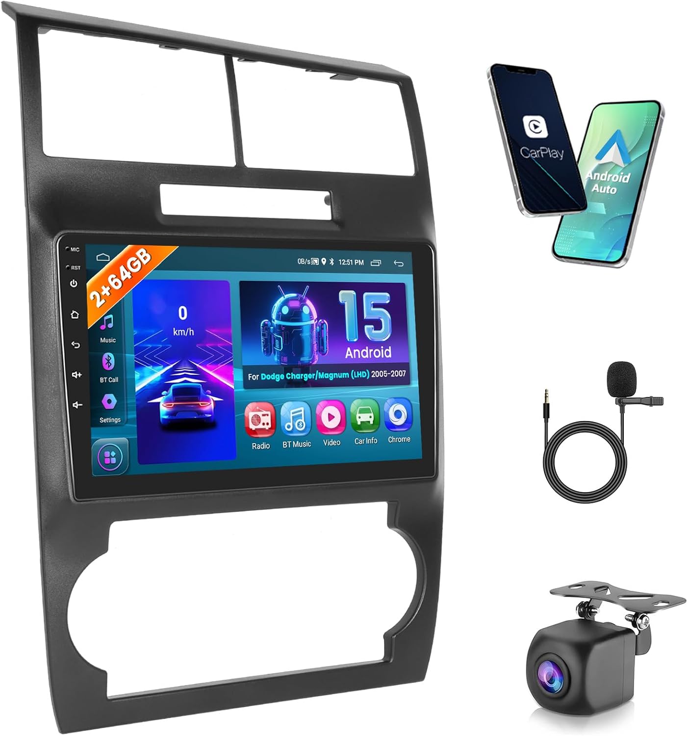 2+64G Hikity Android Car Stereo for Dodge Charger/Magnum (LHD) 2005-2007 Radio, 9 Inch Touchscreen Radio with Carplay Android Auto Support WiFi Bluetooth FM EQ Backup Camera