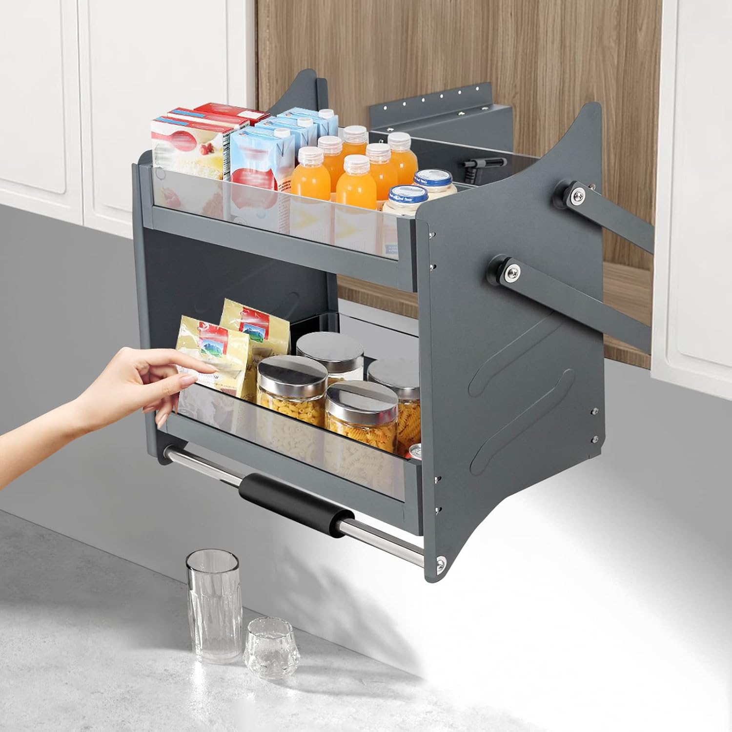 Pull Down Shelf, 24 Inch Upper Kitchen Wall Cabinet Storage Organizer, 2-Tier, Pneumatic Assist, Adjustable Storage Rack, Hydraulic Pull Down Basket, for Kitchen, Pantry, Cabinet