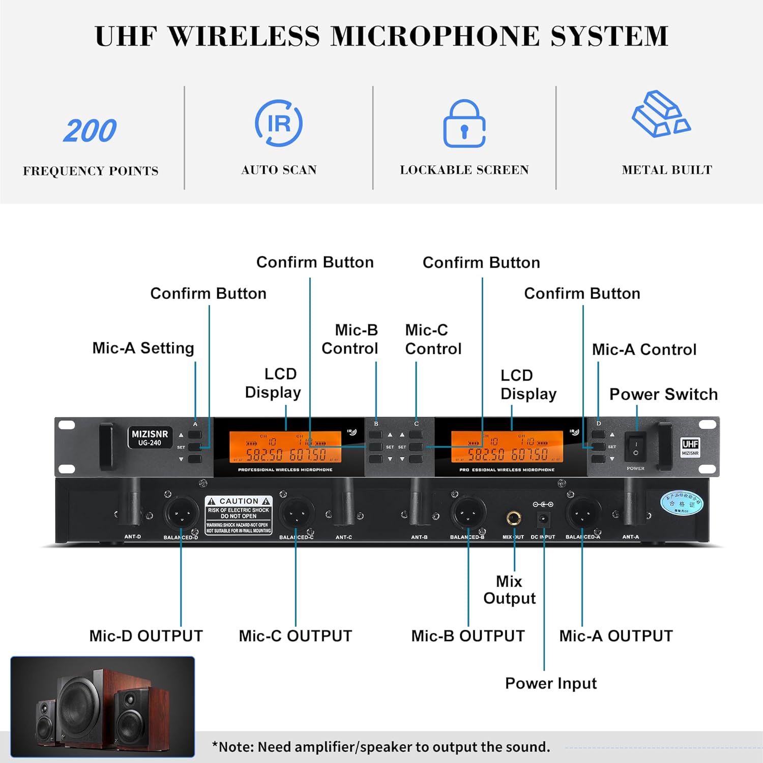 Wireless Microphone System 4 Channel, UHF Metal Cordless Handheld Mics Set - 200 Adjustable Frequencies, Auto Scan & Memory Function, 300ft Range, Ideal for Karaoke Church Wedding（UG-240