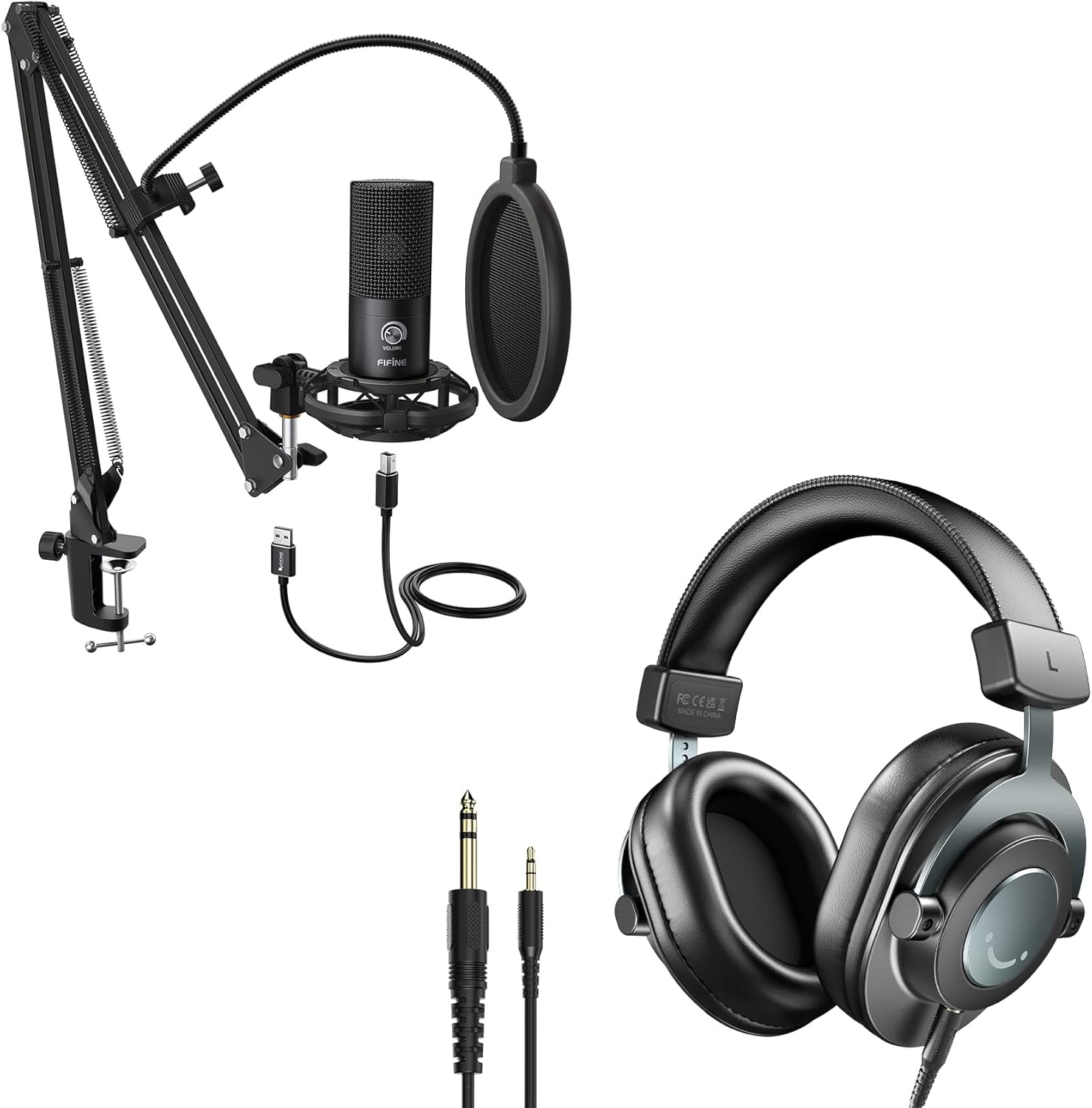 FIFINE Studio Microphone 6.35mm/3.5mm Headphones Bundle, USB PC Condenser Microphone with Scissor Arm Stand, Shock Mount, Monitor Over-Ear Headphones, for Instruments Recording Podcasting (T669+H8)