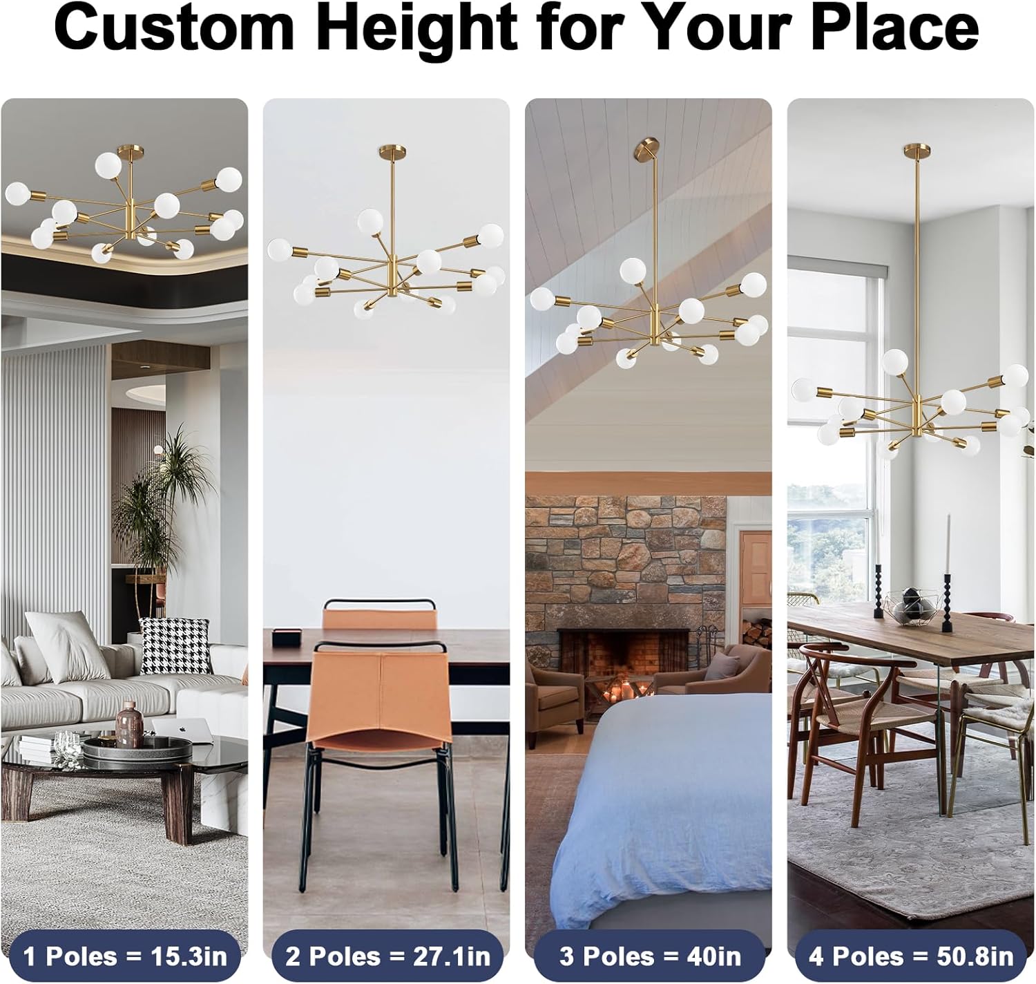 Modern Sputnik Chandeliers Light, 12-Light Gold Gold Dining Room Chandelier Over Table, Height Adjustable Industrial Semi Flush Mount Mid Century Chandelier for Kitchen Island Living Room