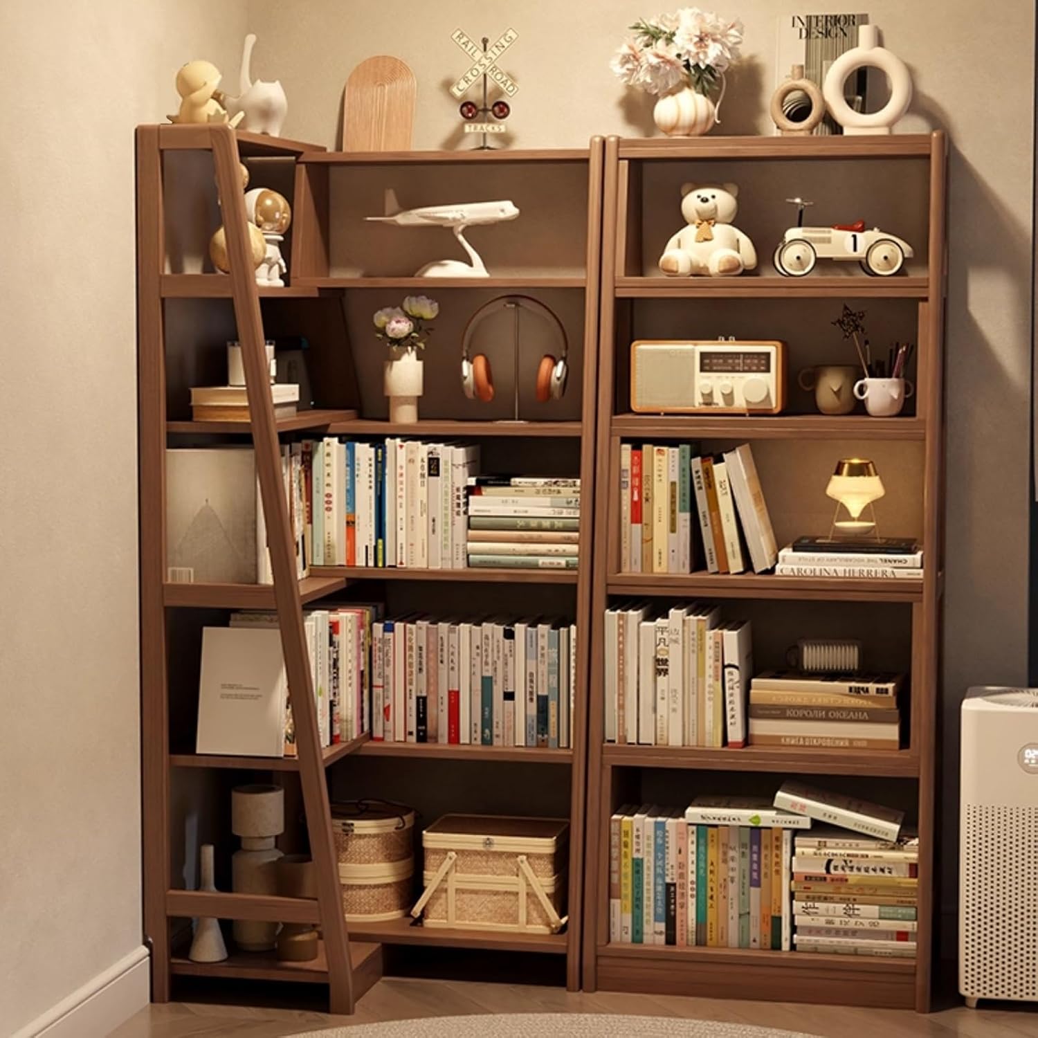 Expandable 3-in-1 Convertible Bookcase with Adjustable Width, Storage Organizer Bookcase Corner & Straight Shelf Design for Living Room Bedroom