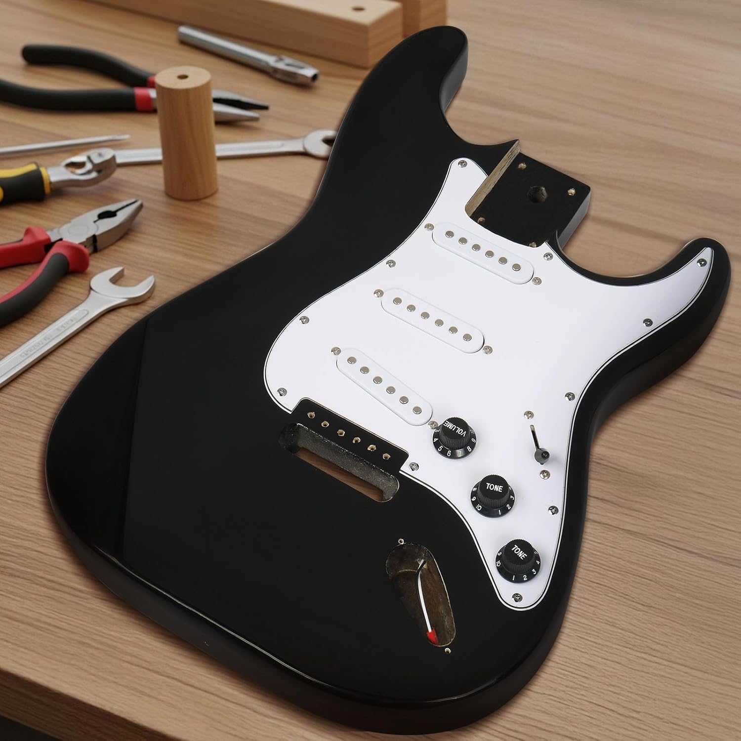 Ktaxon DIY Electric Guitar Kit with Solid Body, Full Size 6-String Electric Guitar Kits W/Maple Neck, Shoulder Strap, SSS Pickups, All Accessories Included, Black (KST)