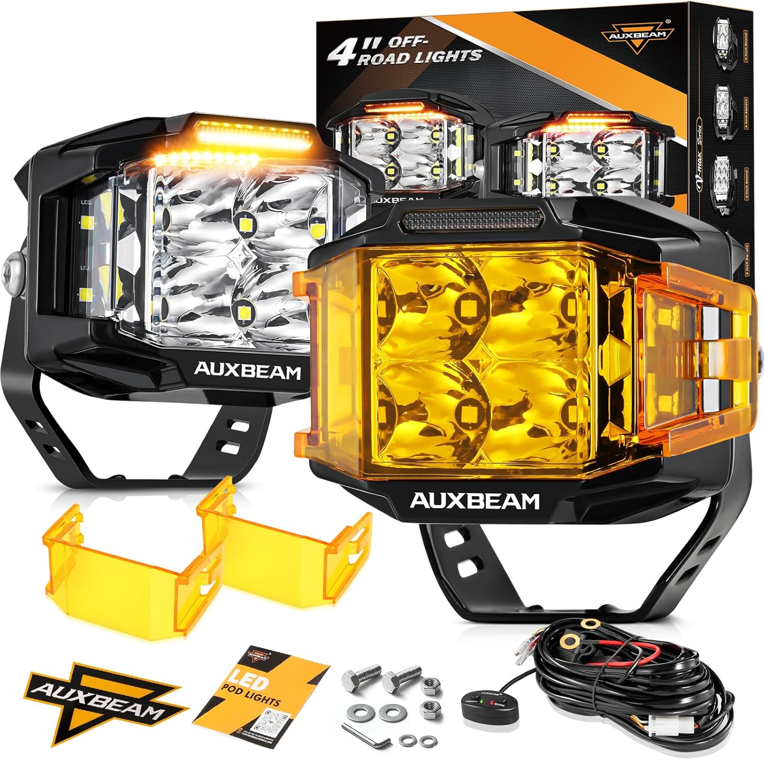 Auxbeam 4 Inch LED Pod Light, 92W V-MAX Series Square Offroad Driving with Amber DRL, 270° Spot Flood Combo Beam Side Shooter Cube Work Auxiliary Lights with Yellow Cover for Truck SUV ATV UTV